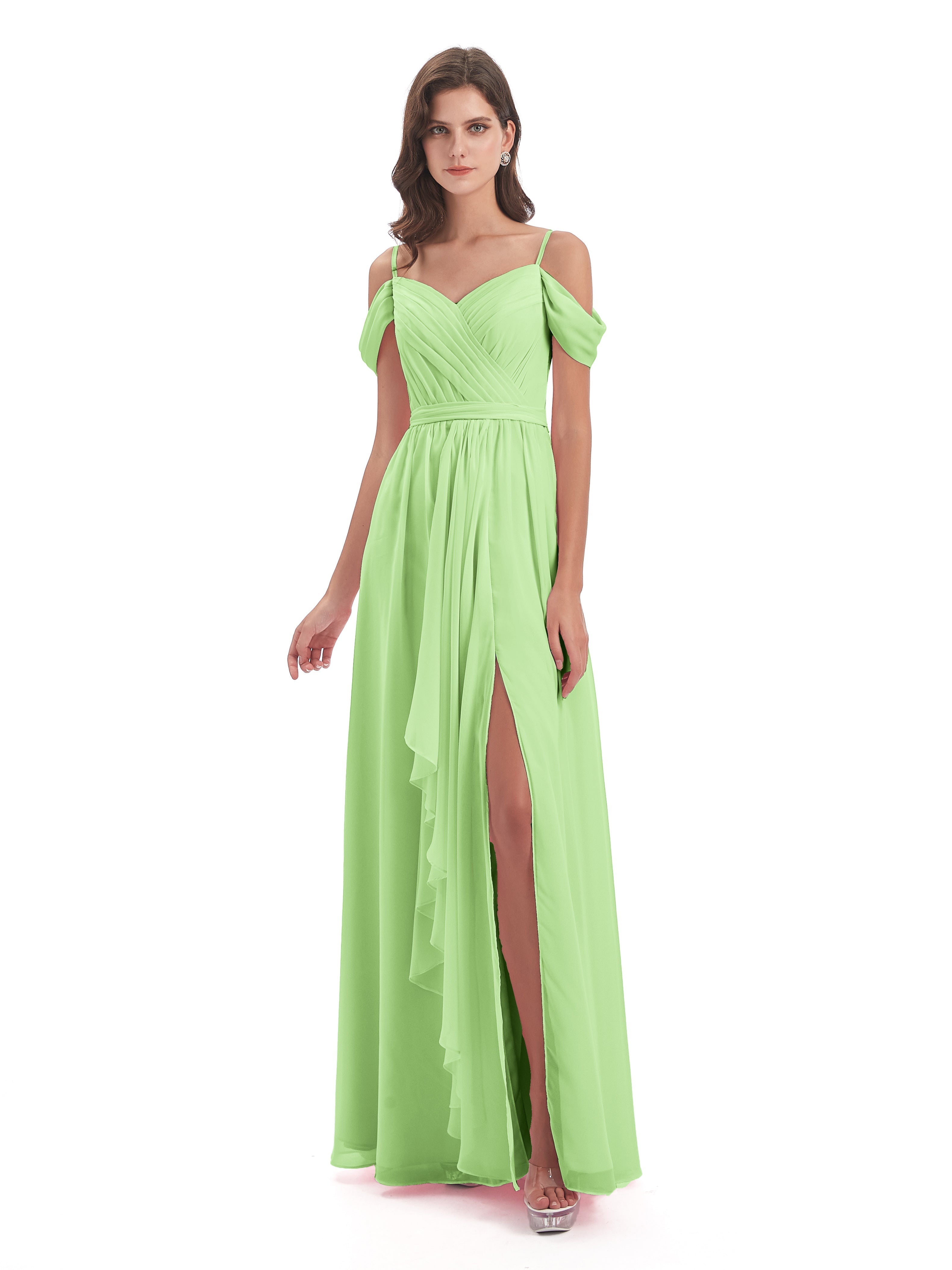 Robe De Demoiselle D Honneur Vert Sauge Bretelles Spaghetti Fendue Plis Robes Demoiselle D'Honneur