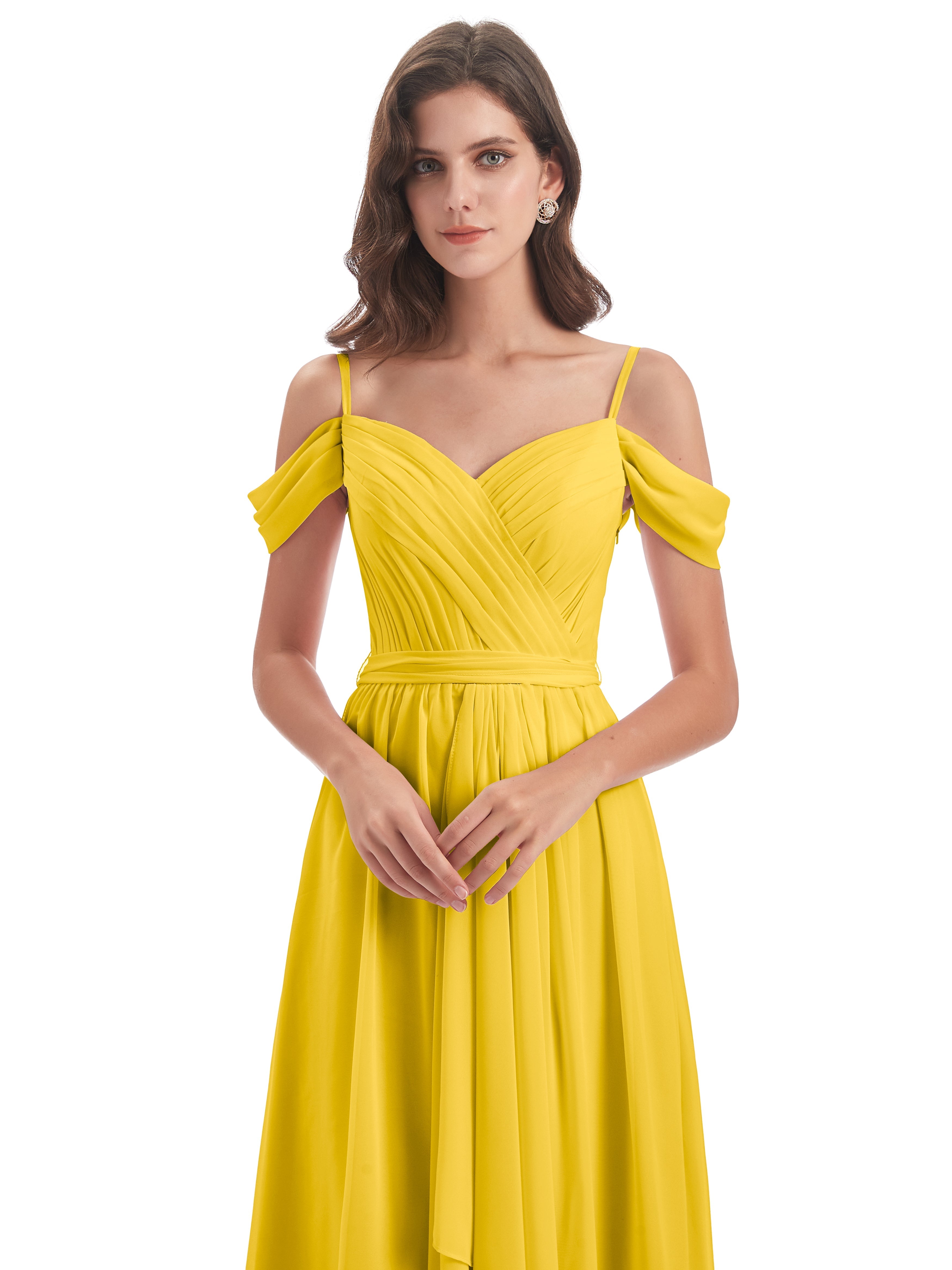 Robe De Demoiselle D'Honneur Souci Bretelles Spaghetti Fendue Plis Robes Demoiselle D'Honneur