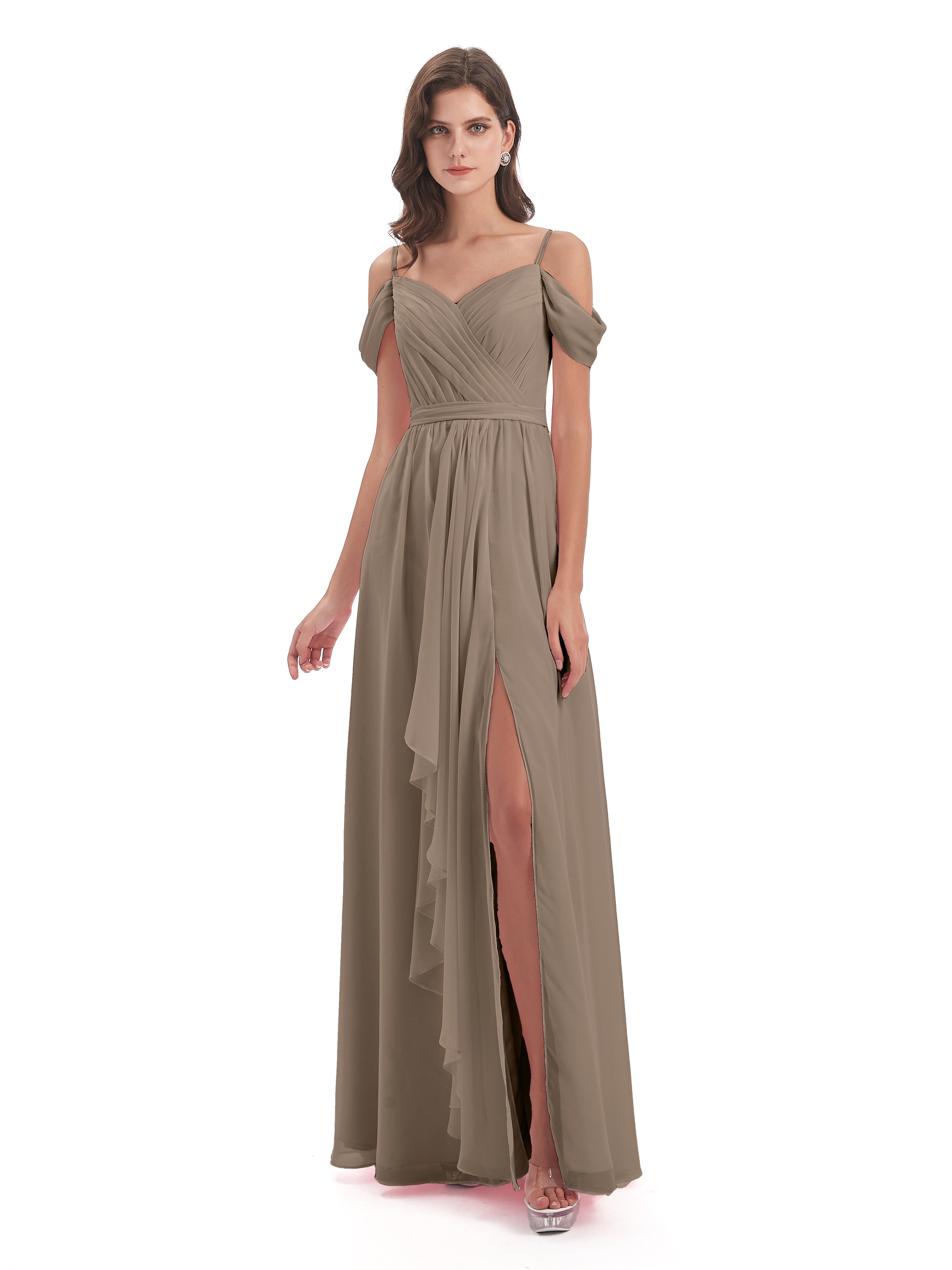 Robe Ceremonie Taupe Bretelles Spaghetti Fendue Plis Robes Demoiselle D'Honneur