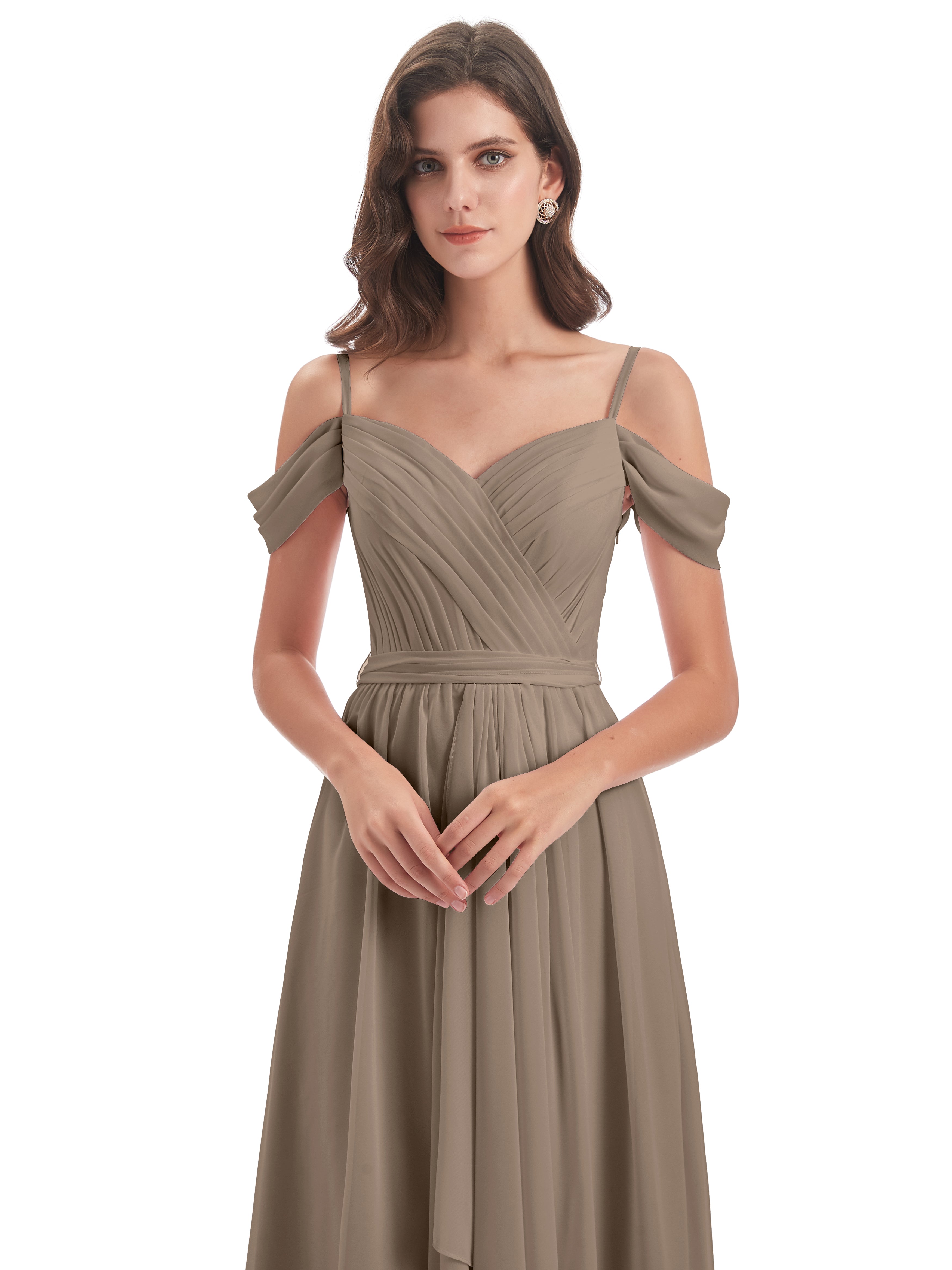 Robe Ceremonie Taupe Bretelles Spaghetti Fendue Plis Robes Demoiselle D'Honneur