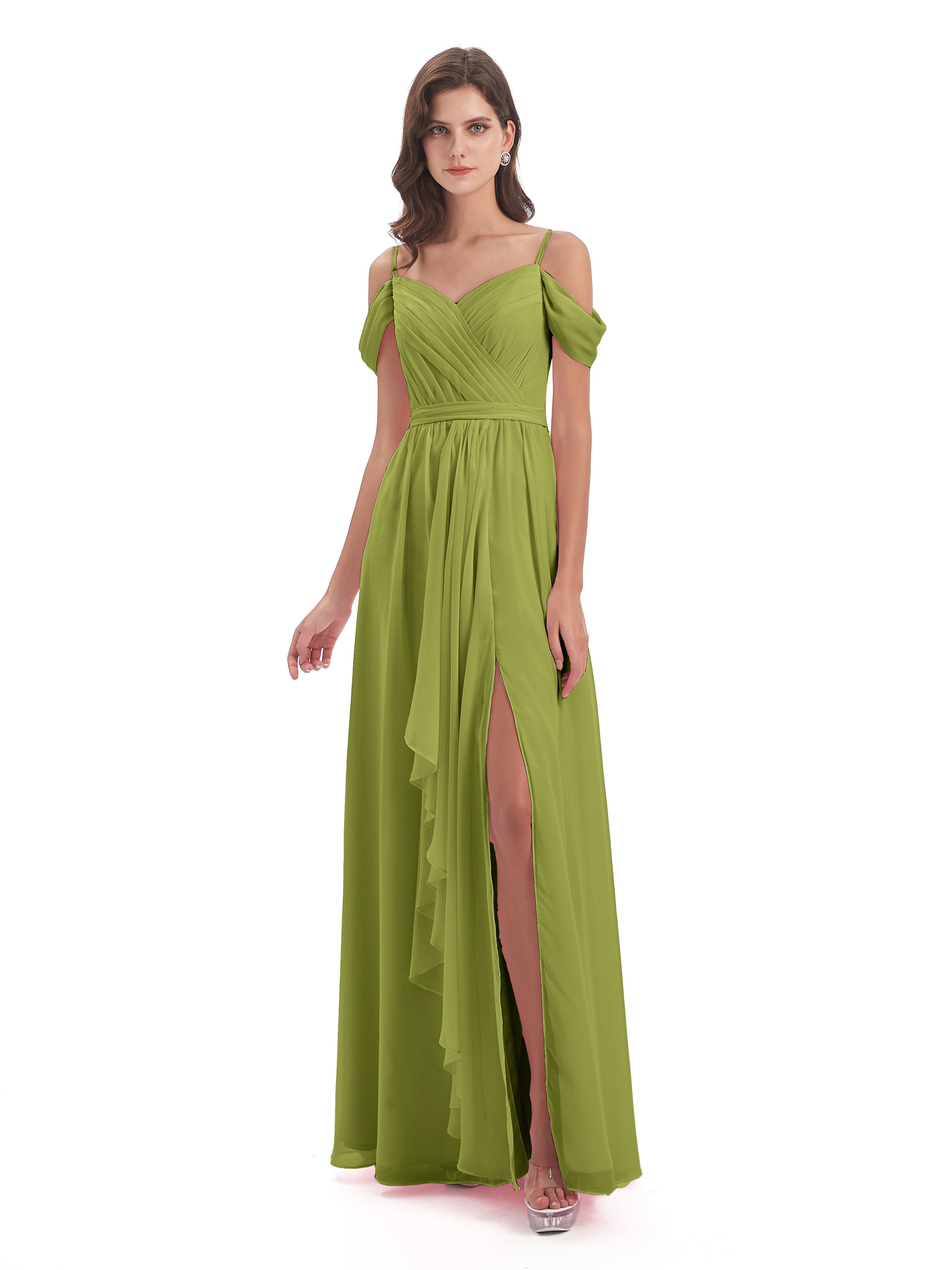 Robes De Demoiselle D'Honneur Trèfle Bretelles Spaghetti Fendue Plis Robes Demoiselle D'Honneur