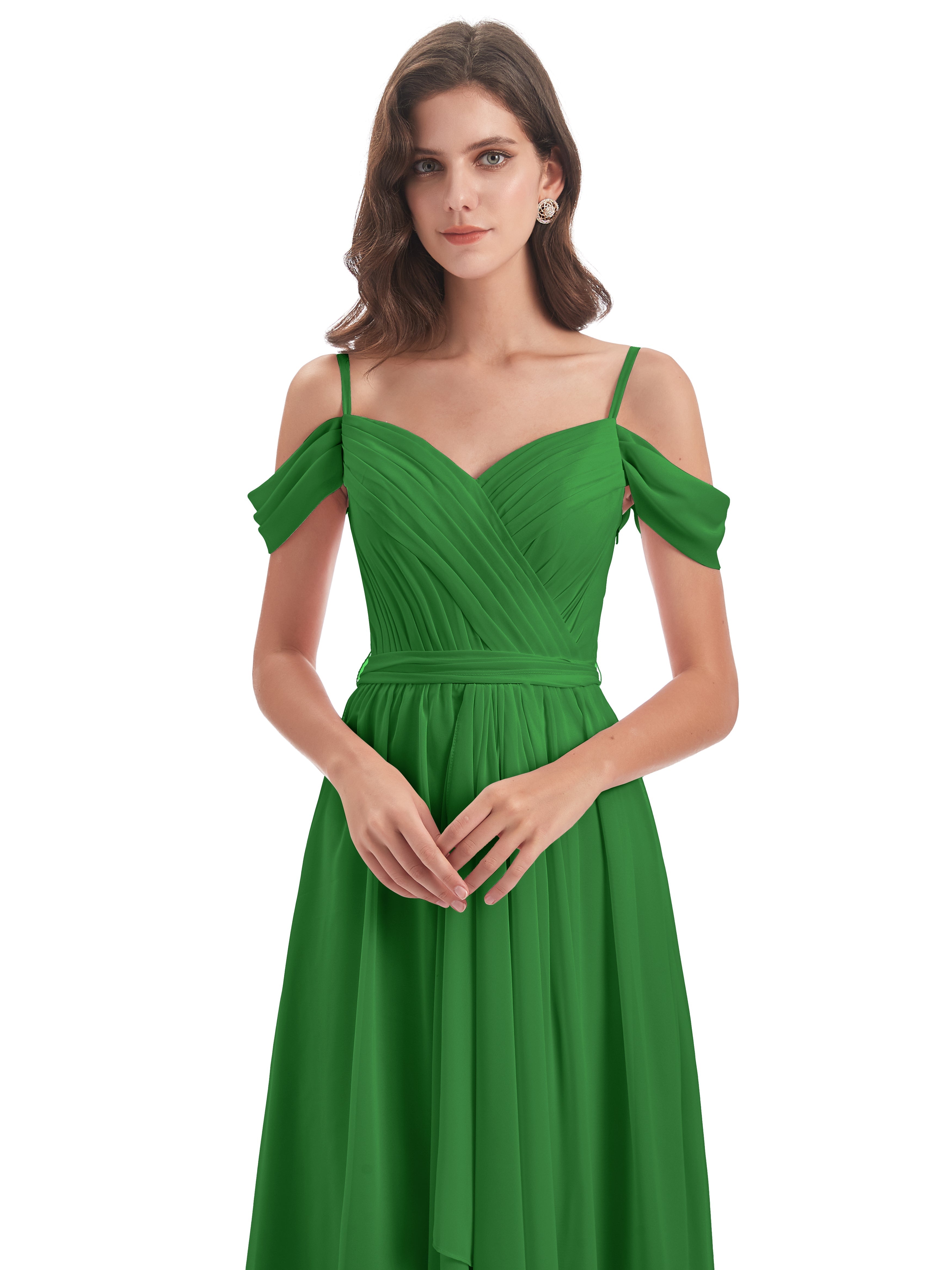 Robe Demoiselle D Honneur Verte Bretelles Spaghetti Fendue Plis Robes Demoiselle D'Honneur