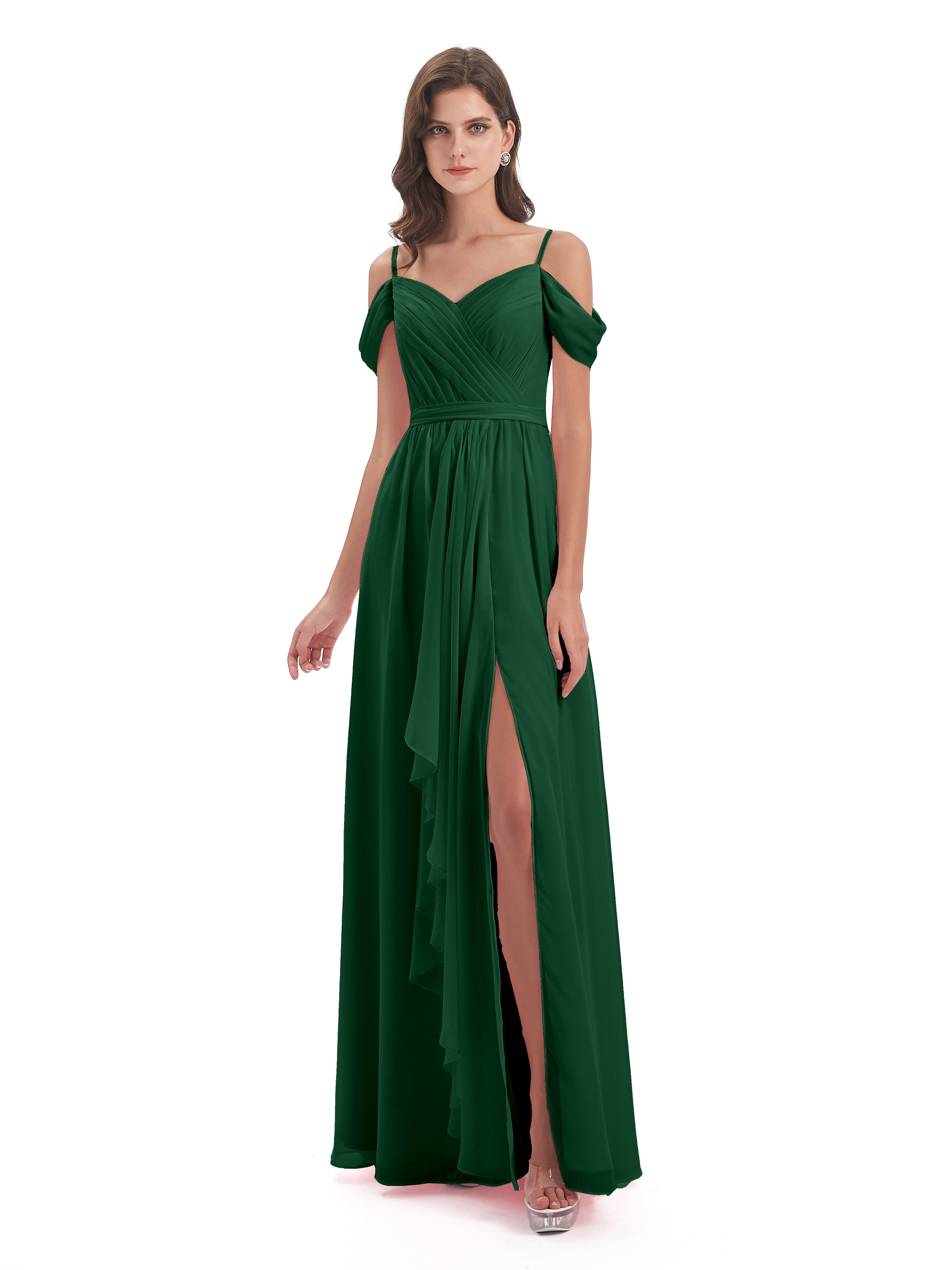 Robes De Demoiselle D'Honneur Vert Foncé Bretelles Spaghetti Fendue Plis Robes Demoiselle D'Honneur