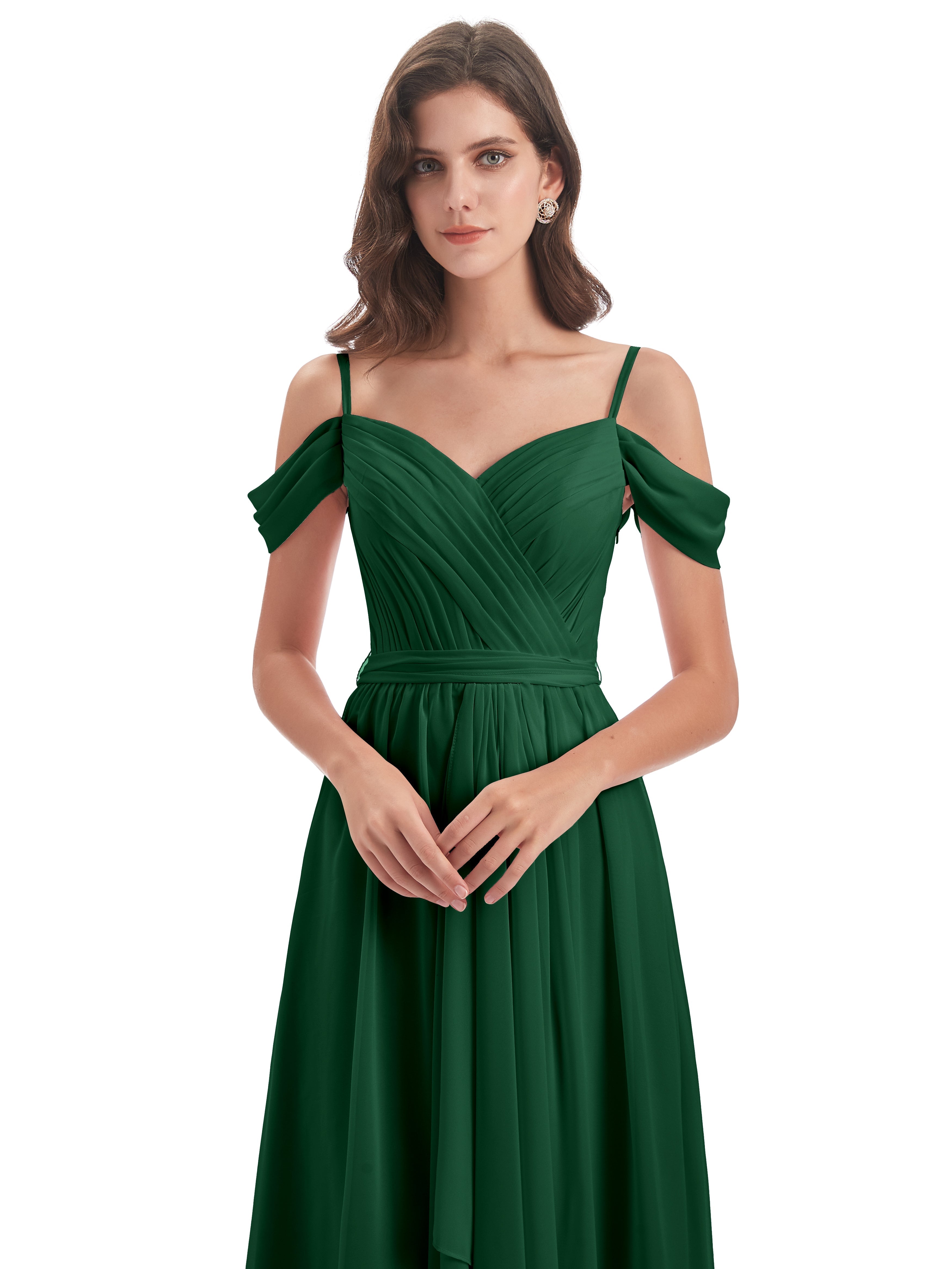 Robes De Demoiselle D'Honneur Vert Foncé Bretelles Spaghetti Fendue Plis Robes Demoiselle D'Honneur