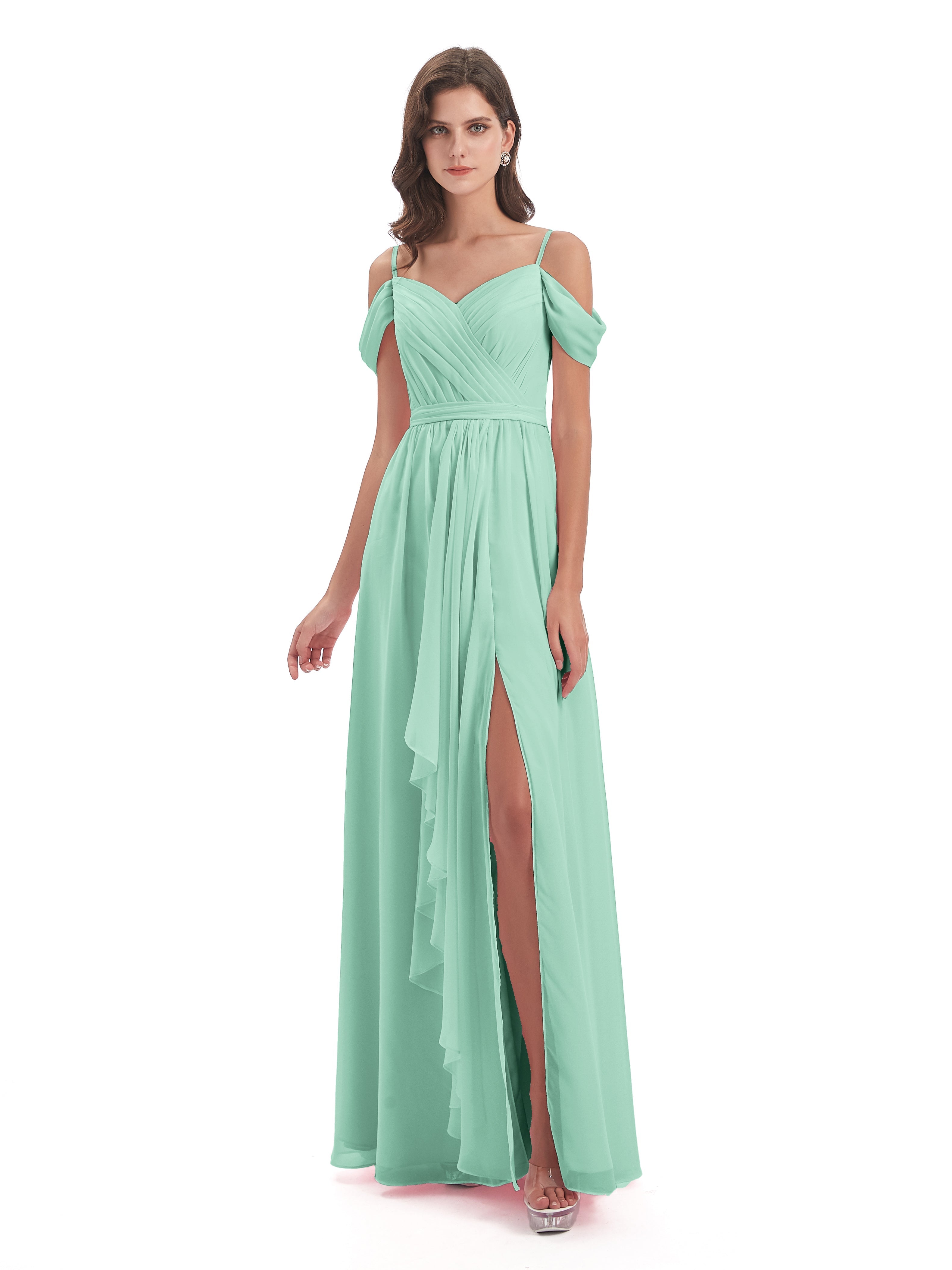 Robe Demoiselle D Honneur Vert Menthe Bretelles Spaghetti Fendue Plis Robes Demoiselle D'Honneur