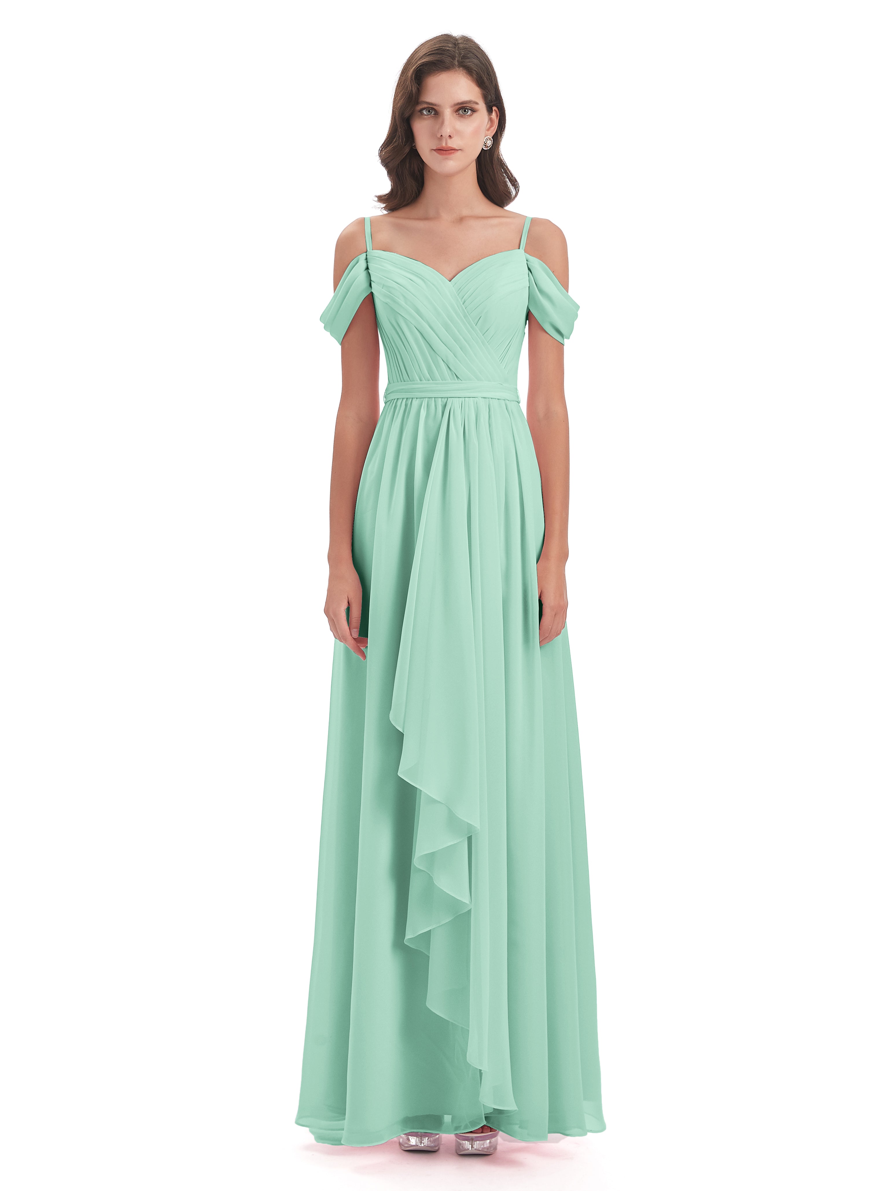 Robe Demoiselle D Honneur Vert Menthe Bretelles Spaghetti Fendue Plis Robes Demoiselle D'Honneur