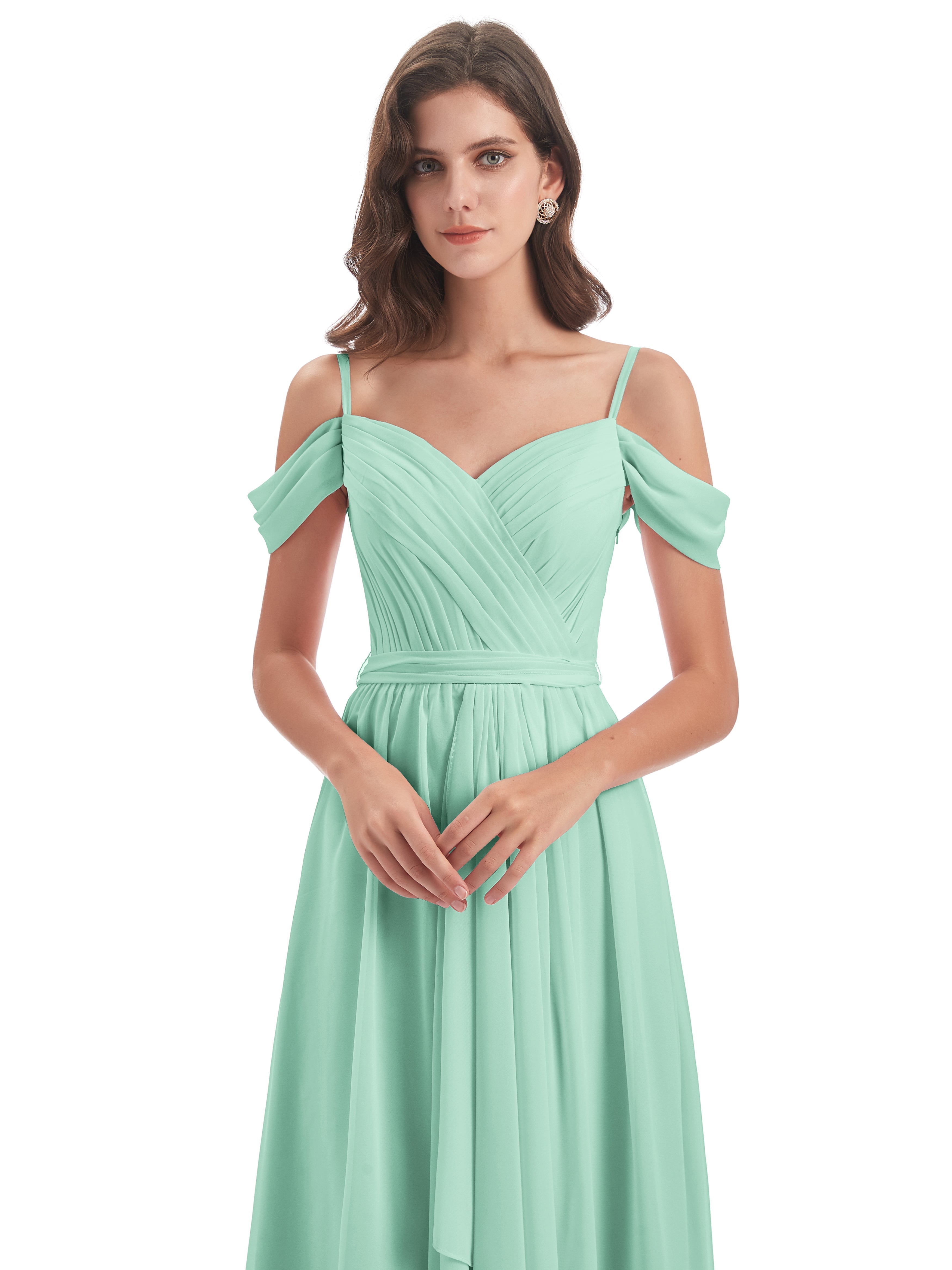 Robe Demoiselle D Honneur Vert Menthe Bretelles Spaghetti Fendue Plis Robes Demoiselle D'Honneur