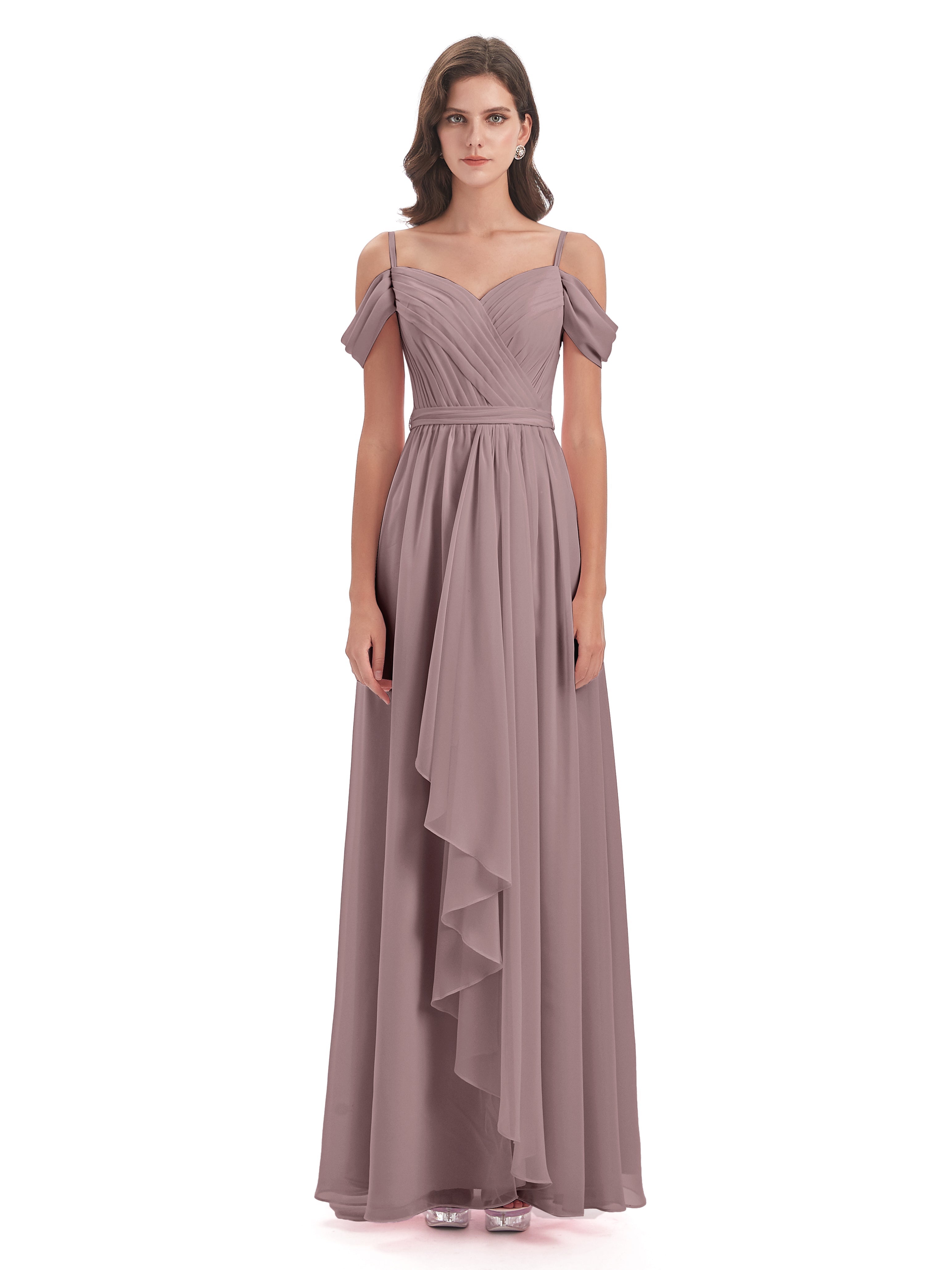 Robes De Demoiselle D'Honneur Mauve Foncé Bretelles Spaghetti Fendue Plis Robes Demoiselle D'Honneur