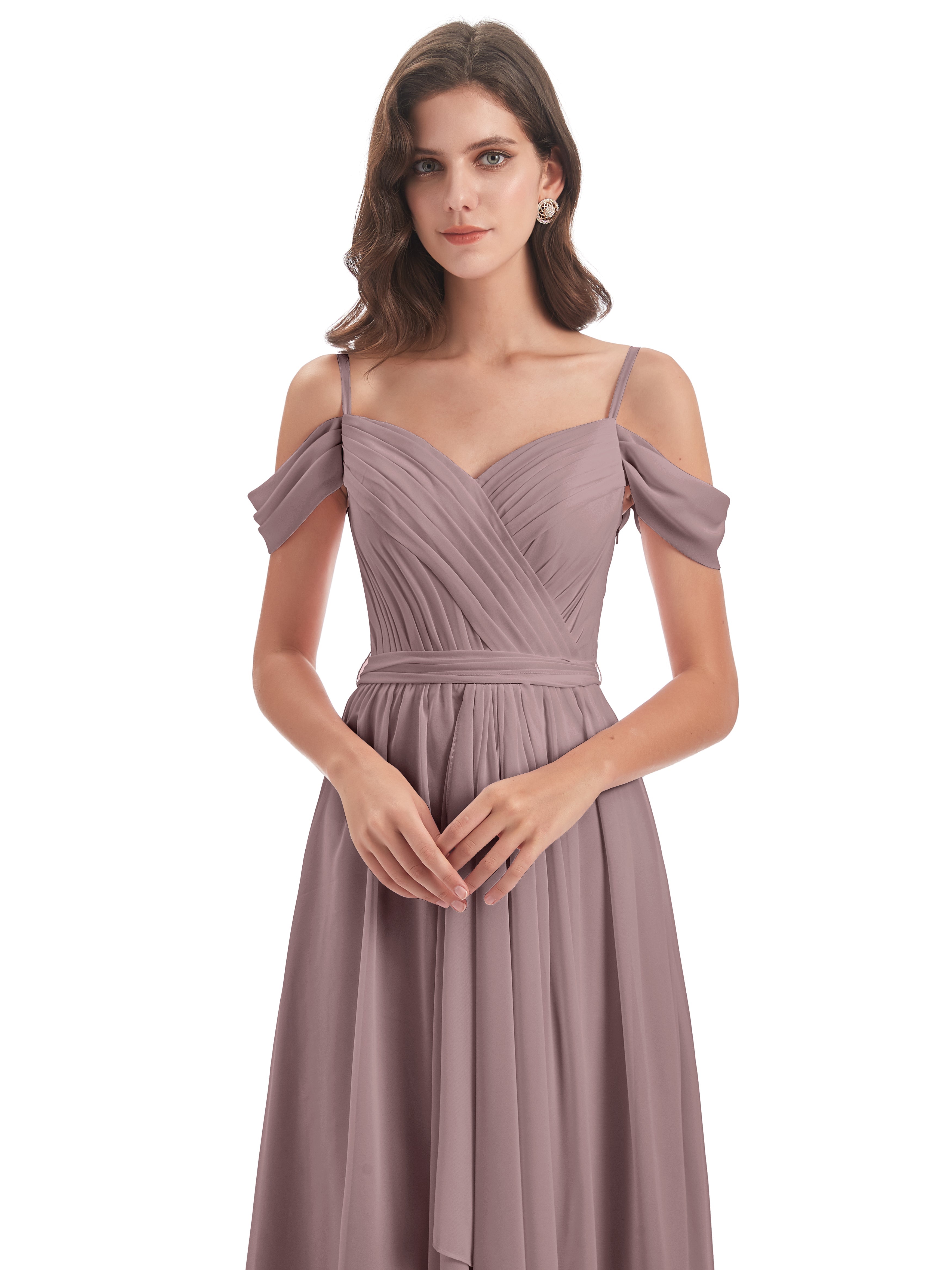 Robes De Demoiselle D'Honneur Mauve Foncé Bretelles Spaghetti Fendue Plis Robes Demoiselle D'Honneur