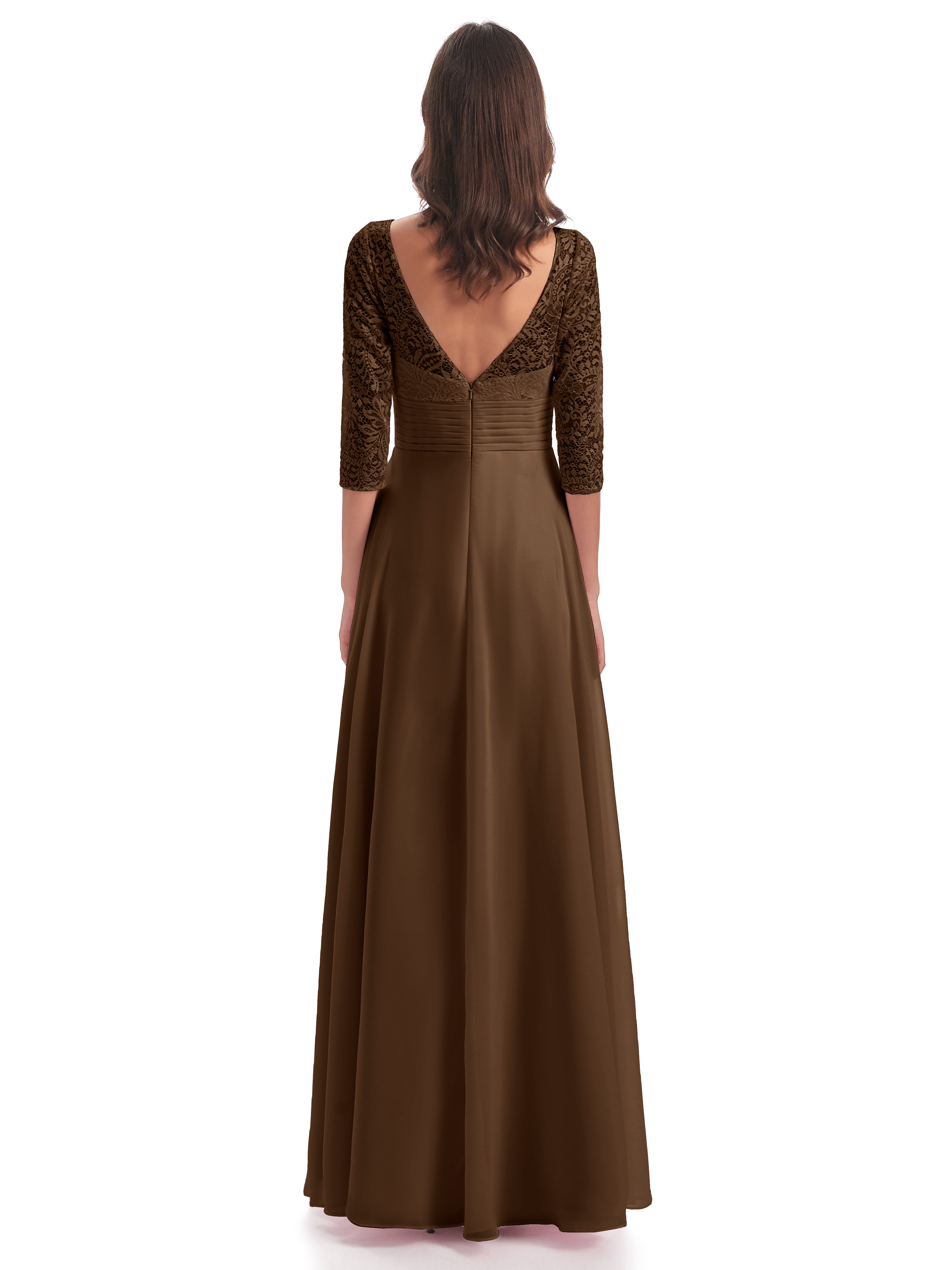 Robe Demoiselle D Honneur Brun Dos En V Manches 3/4 Robes Demoiselle D'Honneur