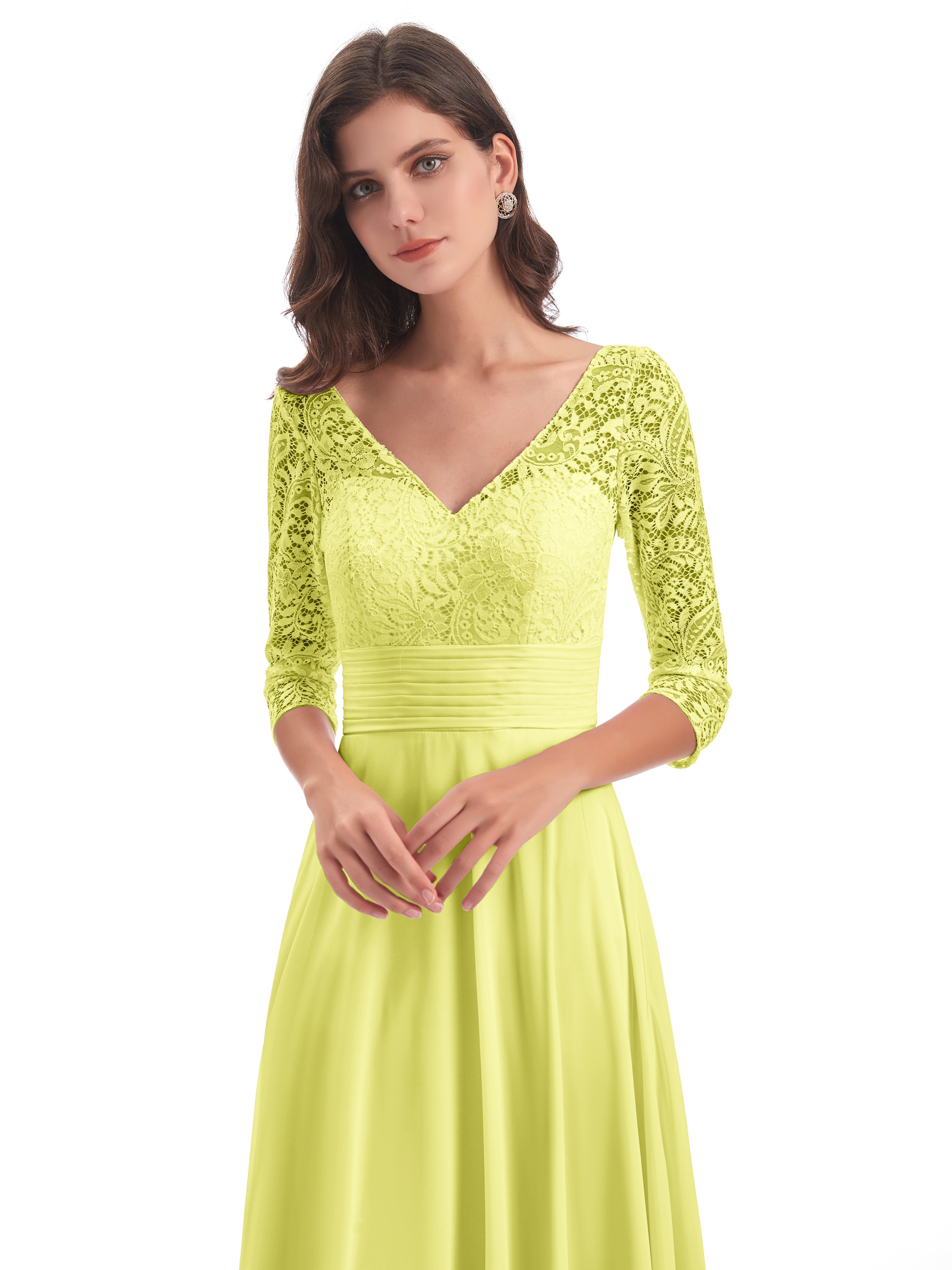 Robes De Demoiselle D'Honneur Jonquille Dos En V Manches 3/4 Robes Demoiselle D'Honneur