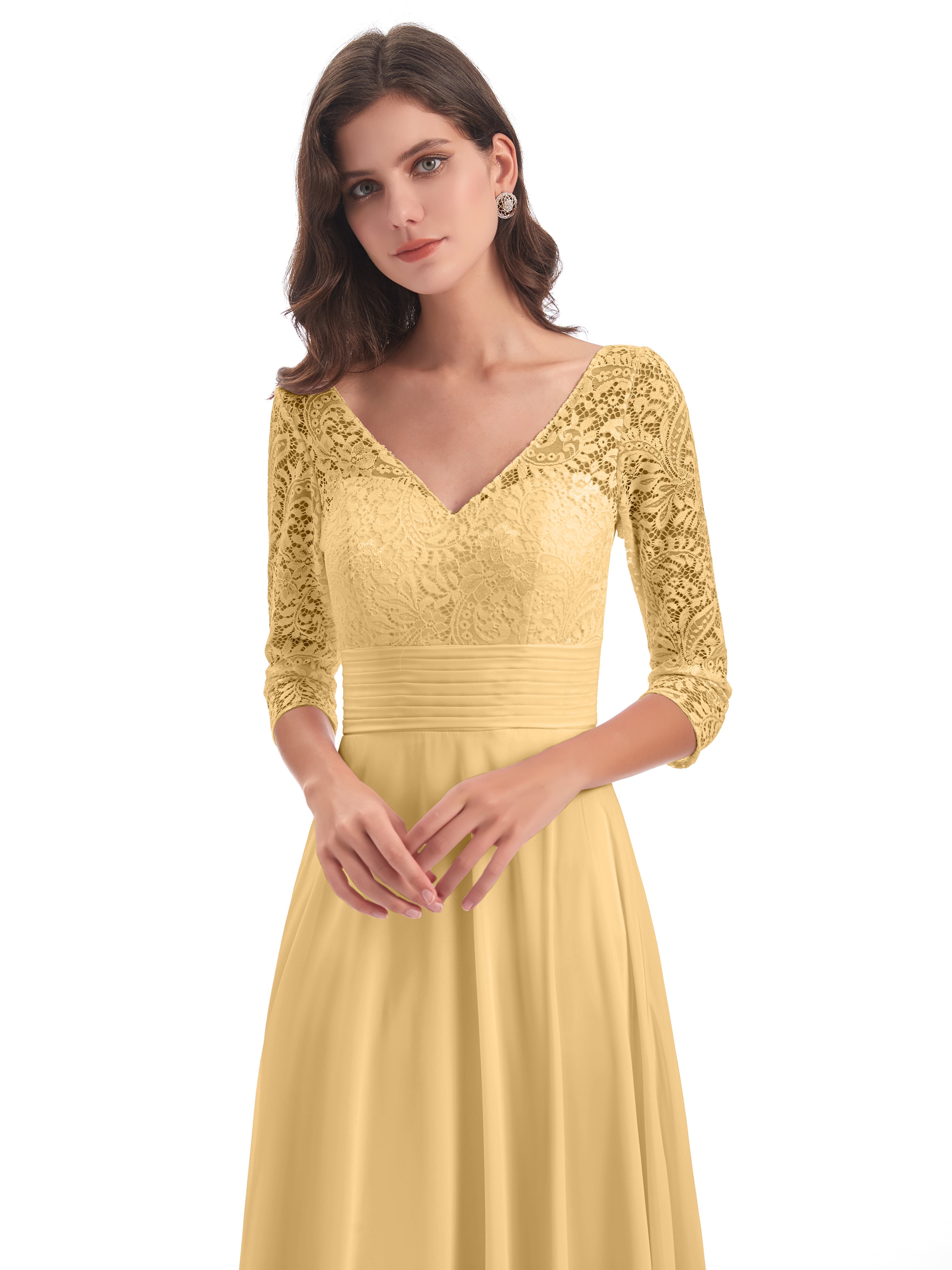 Robe De Demoiselle D Honneur Doree Dos En V Manches 3/4 Robes Demoiselle D'Honneur