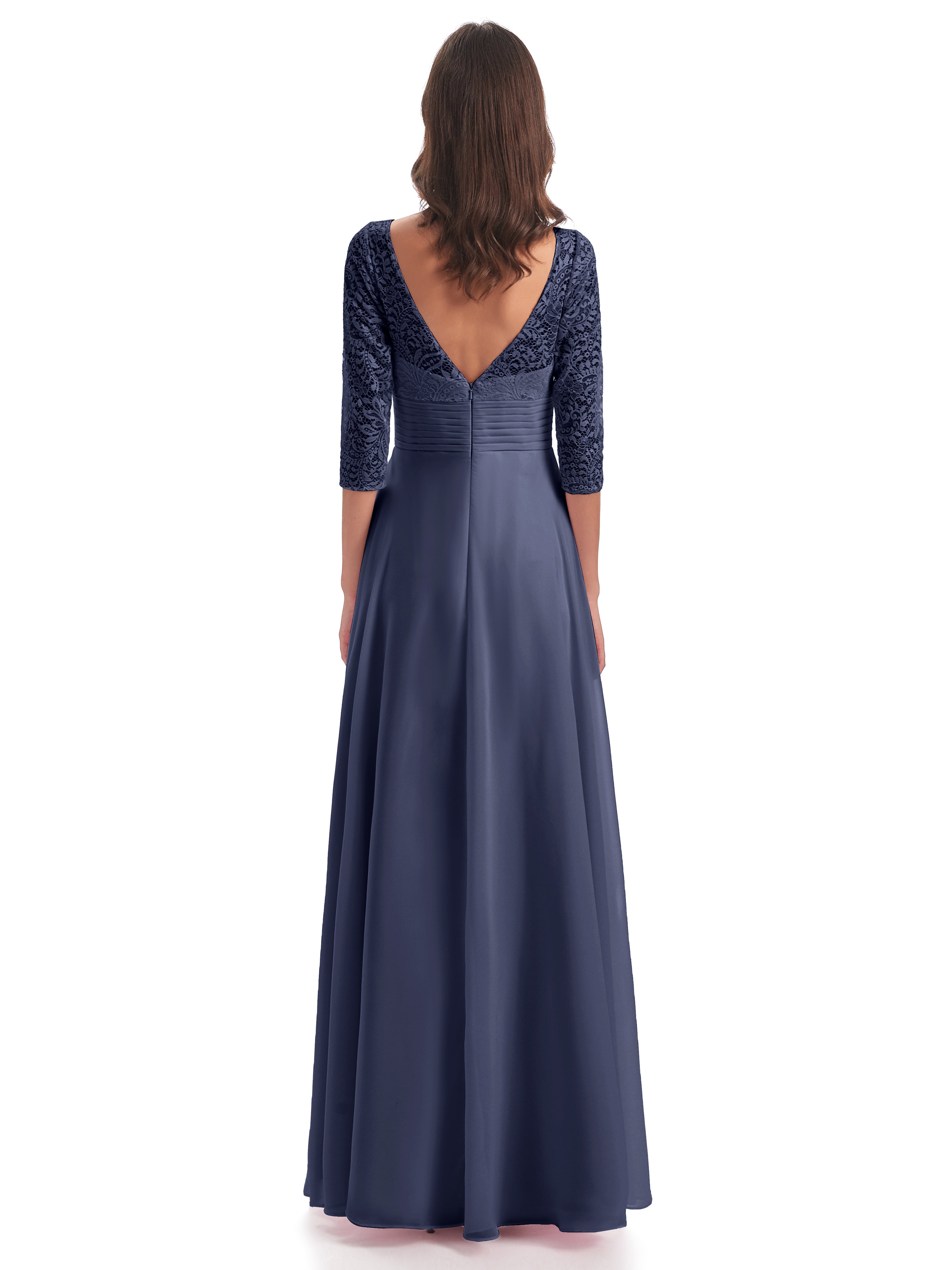 Robes De Demoiselle D'Honneur Bleu Orageux Dos En V Manches 3/4 Robes Demoiselle D'Honneur