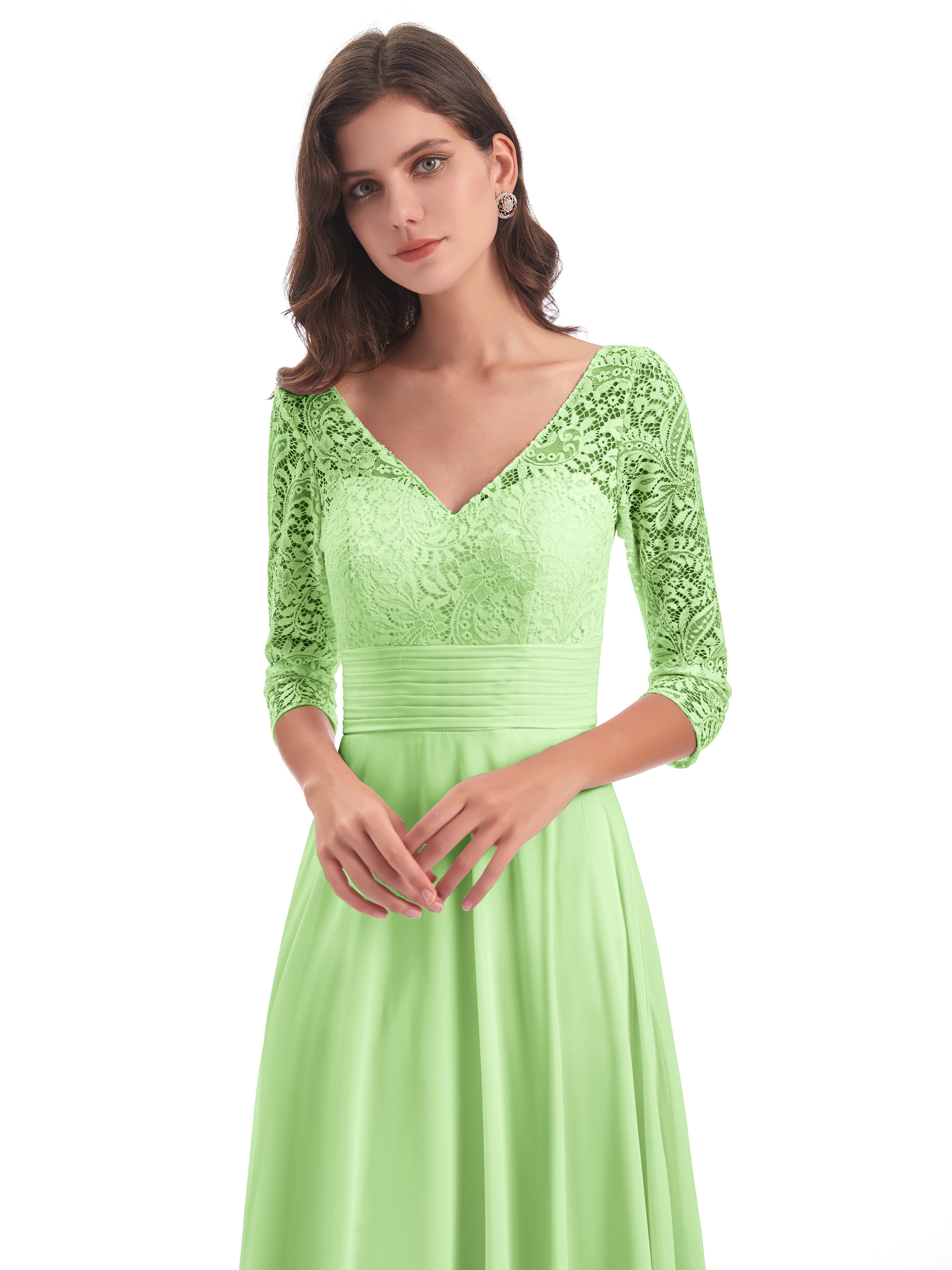 Demoiselle Robe Vert Sauge Dos En V Manches 3/4 Robes Demoiselle D'Honneur