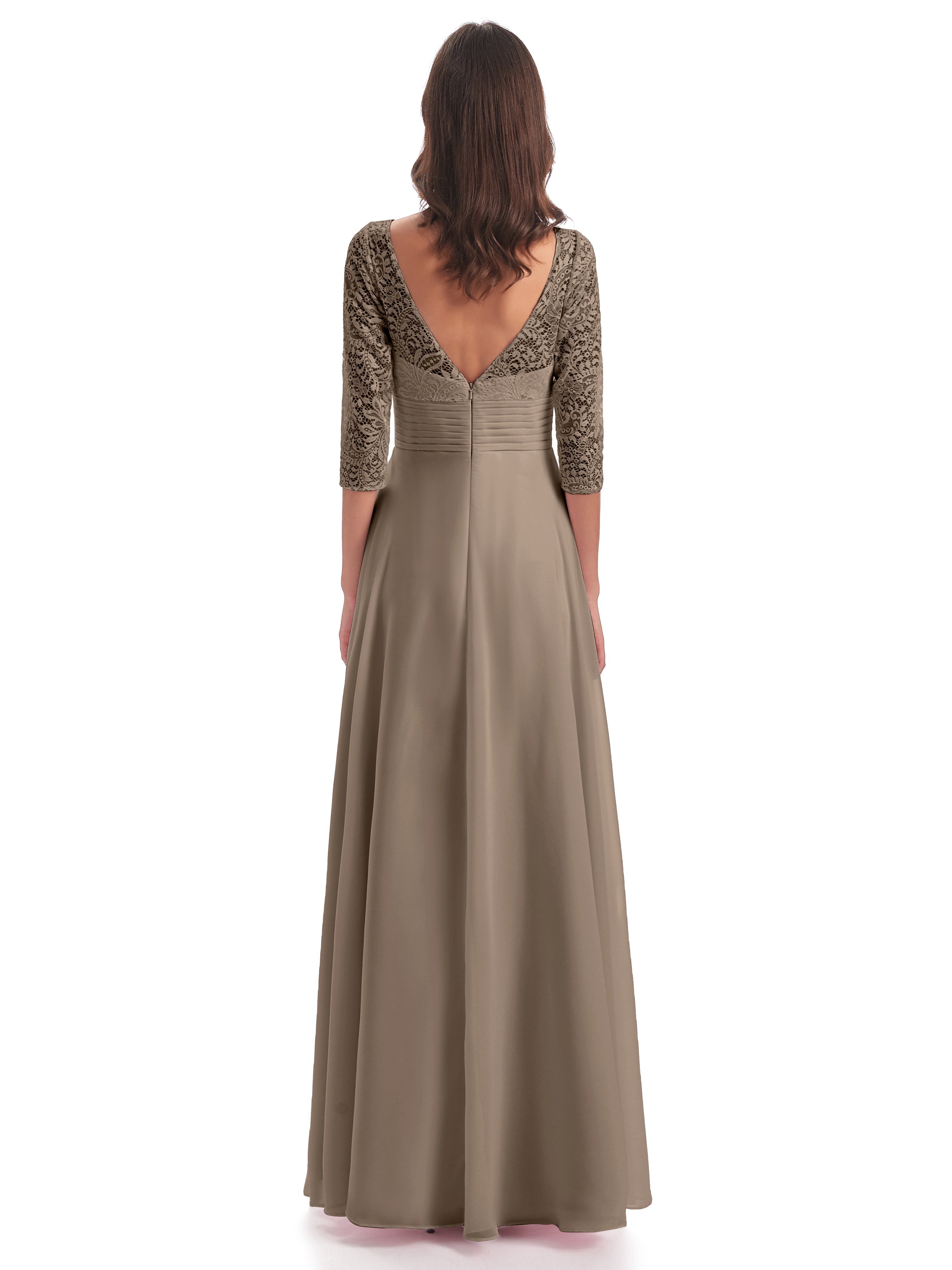 Robe Taupe Demoiselle D Honneur Dos En V Manches 3/4 Robes Demoiselle D'Honneur