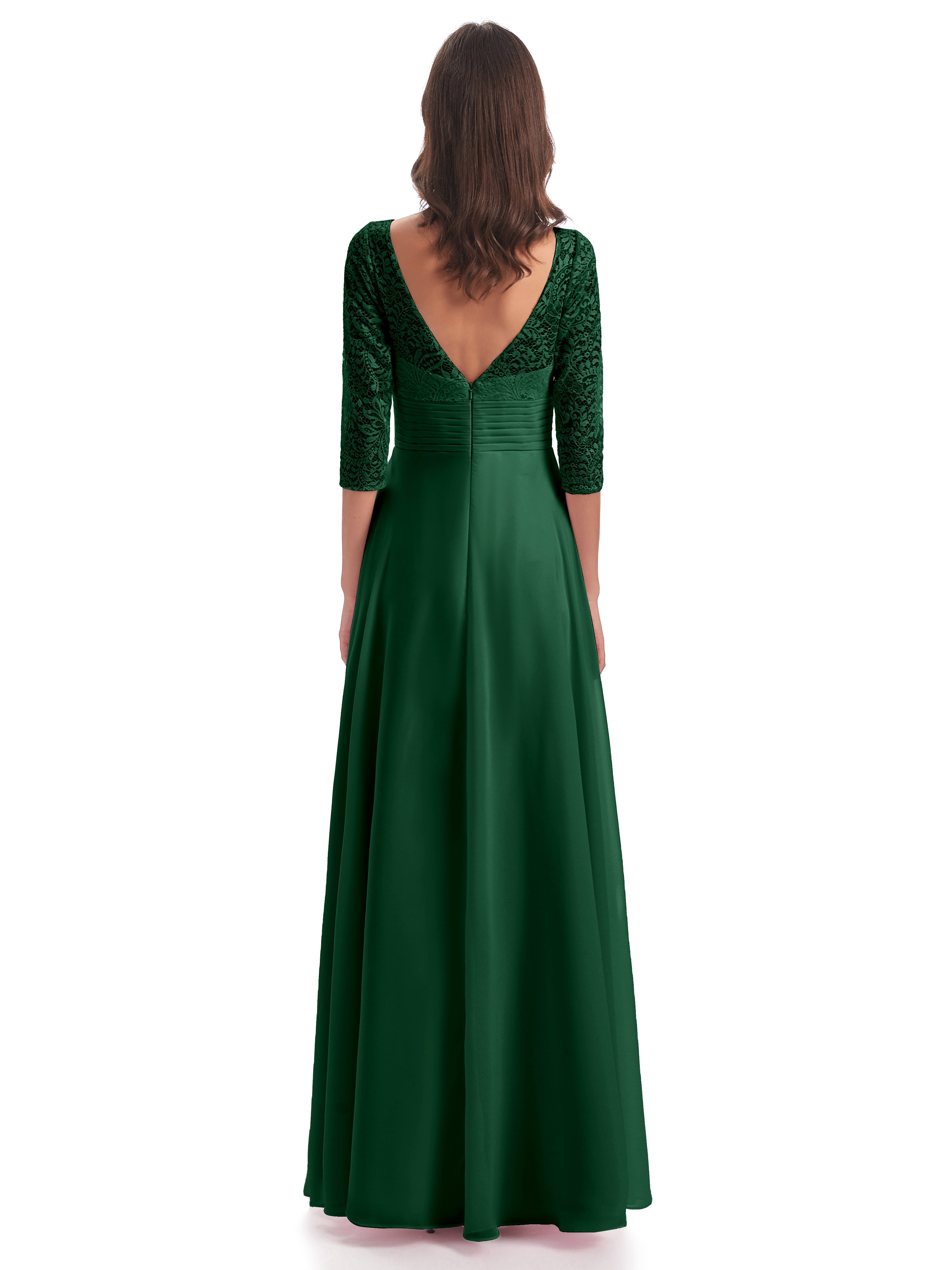 Robe Demoiselle D Honneur Vert Foncé Dos En V Manches 3/4 Robes Demoiselle D'Honneur