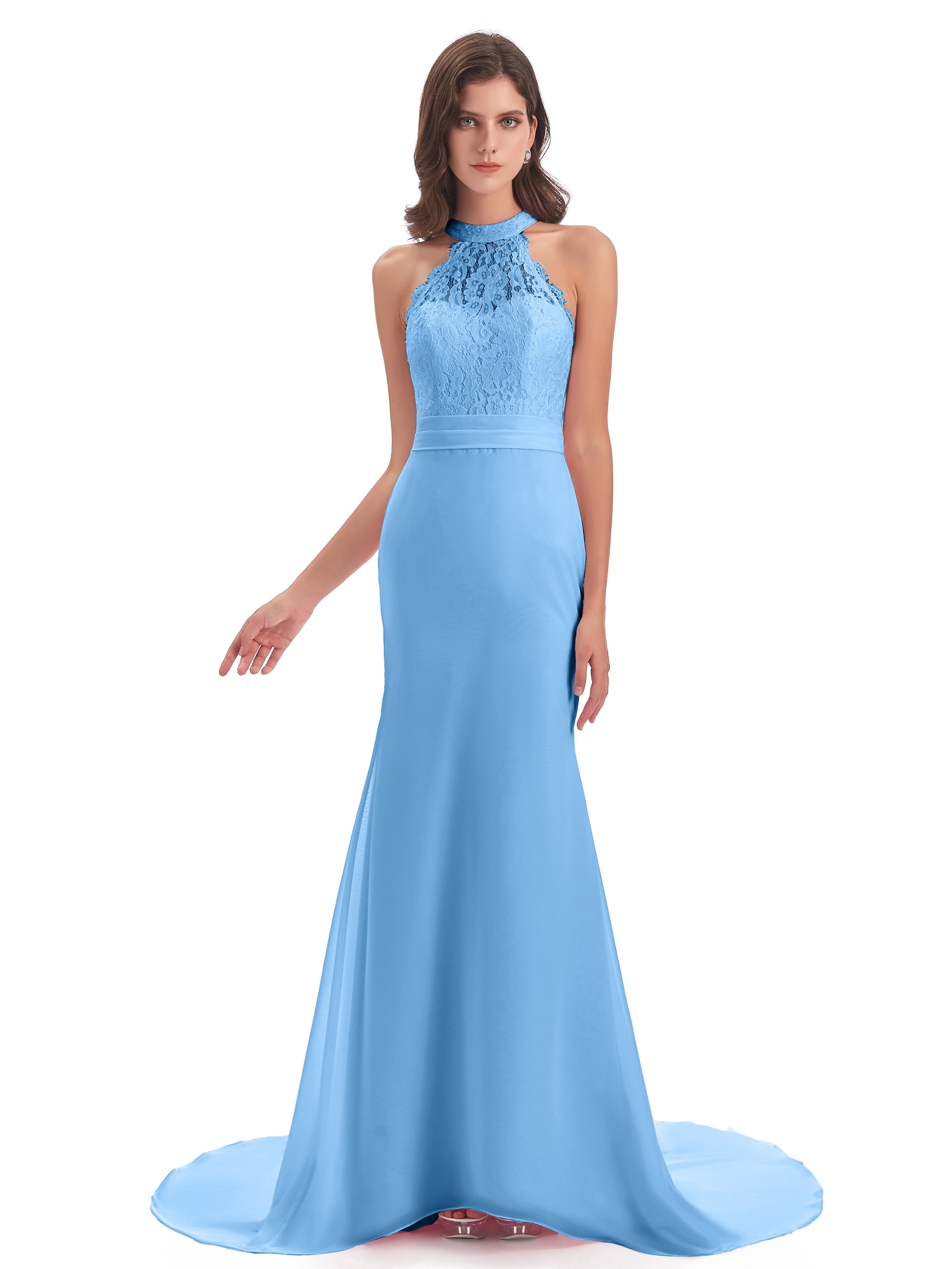 Robes De Demoiselle D'Honneur Bleu Clair Longues Dentelle/Mousseline Longue Robes Demoiselle D'Honneur