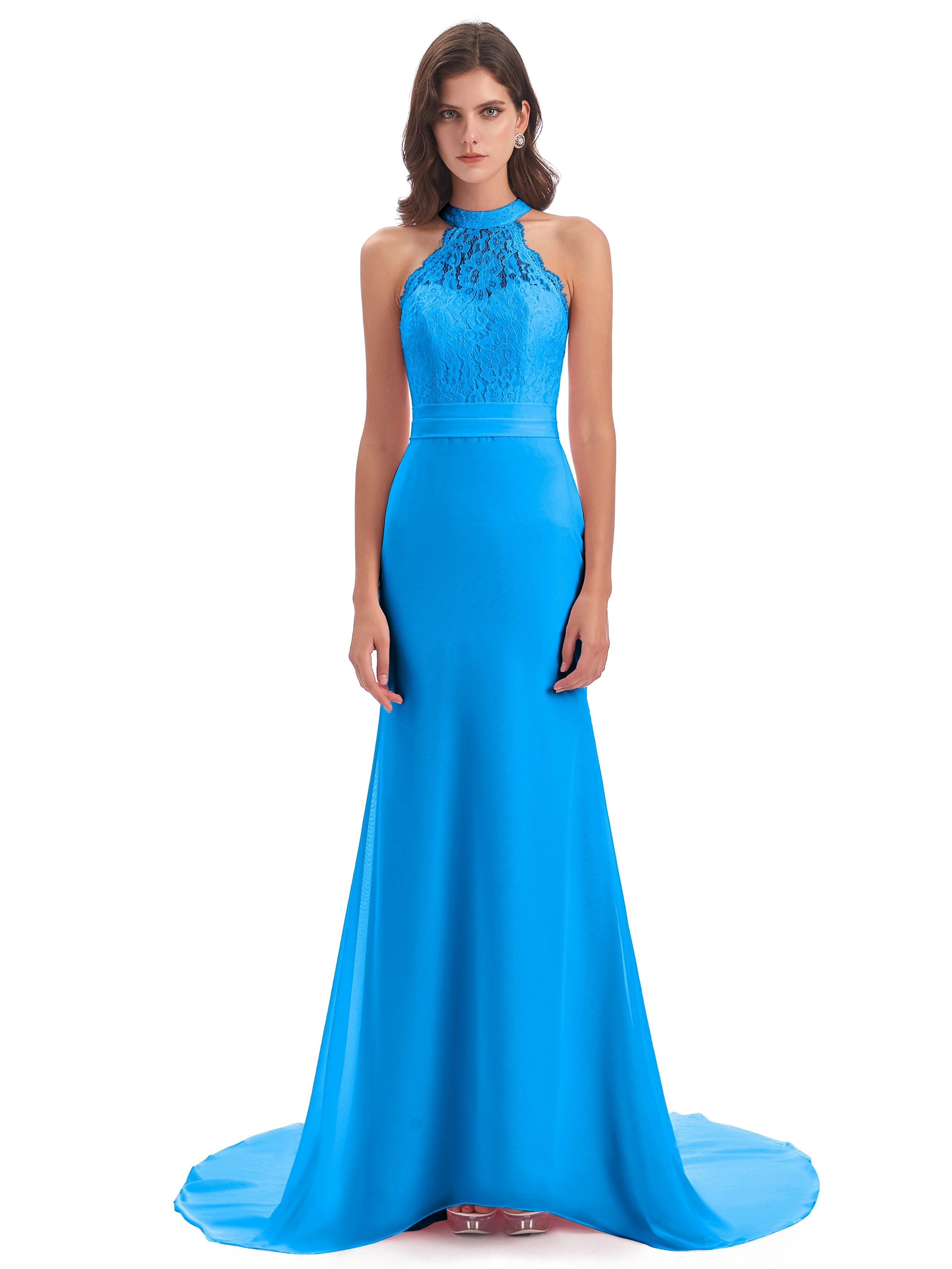 Robes De Demoiselle D'Honneur Bleu Océan Dentelle/Mousseline Longue Robes Demoiselle D'Honneur