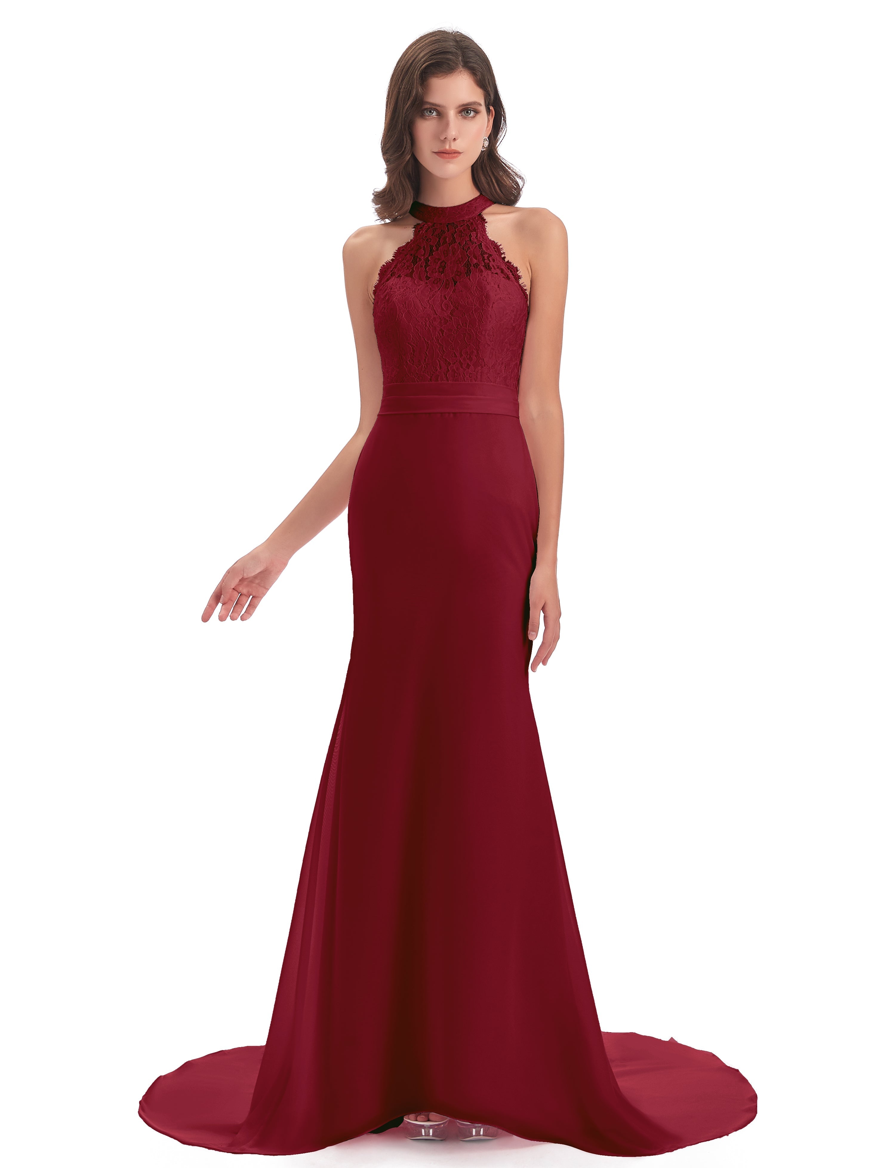 Robe Longue Demoiselle D Honneur Bordeaux Dentelle/Mousseline Longue Robes Demoiselle D'Honneur
