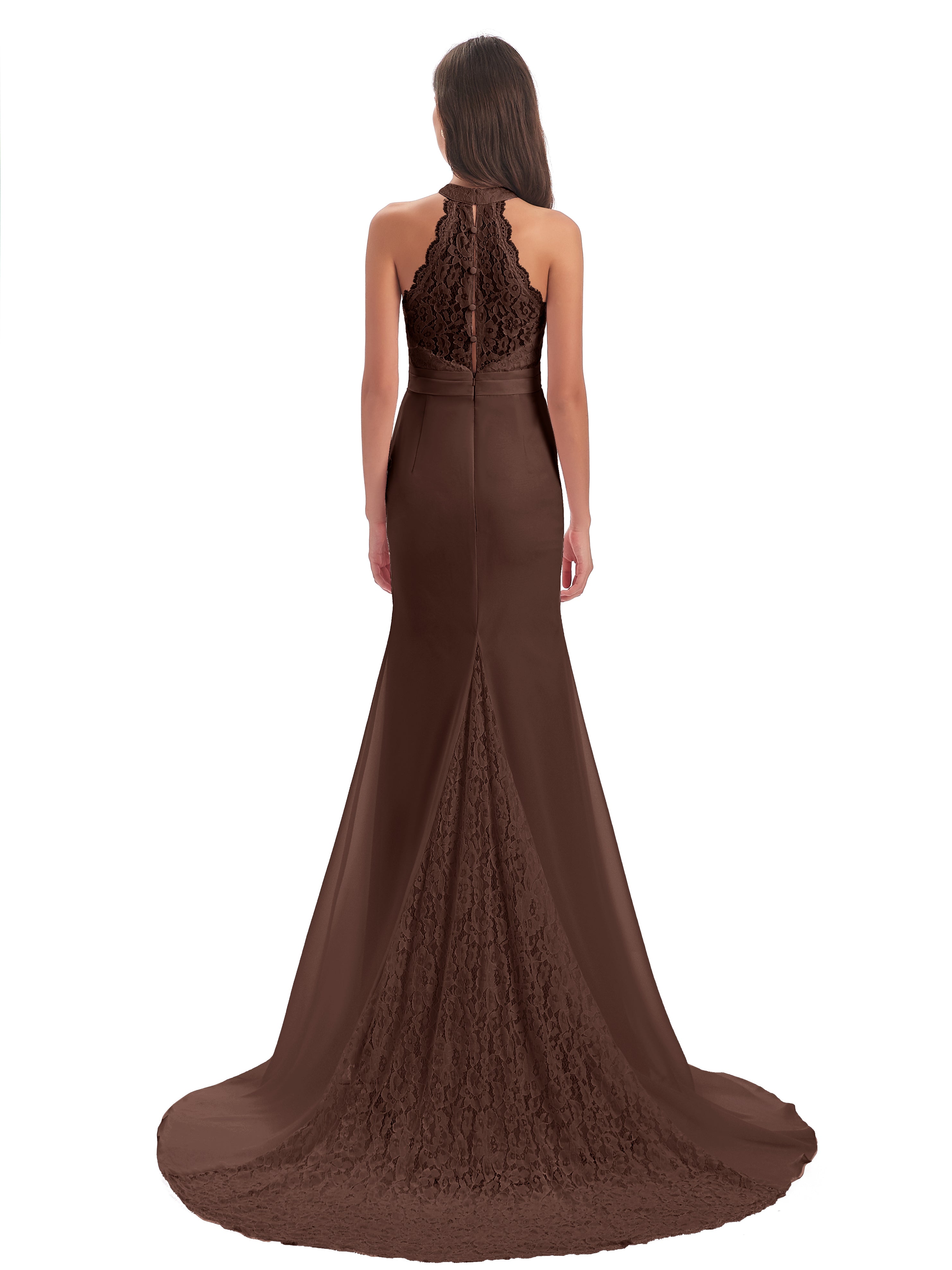 Robe Chocolat Demoiselle D Honneur Dentelle/Mousseline Longue Robes Demoiselle D'Honneur
