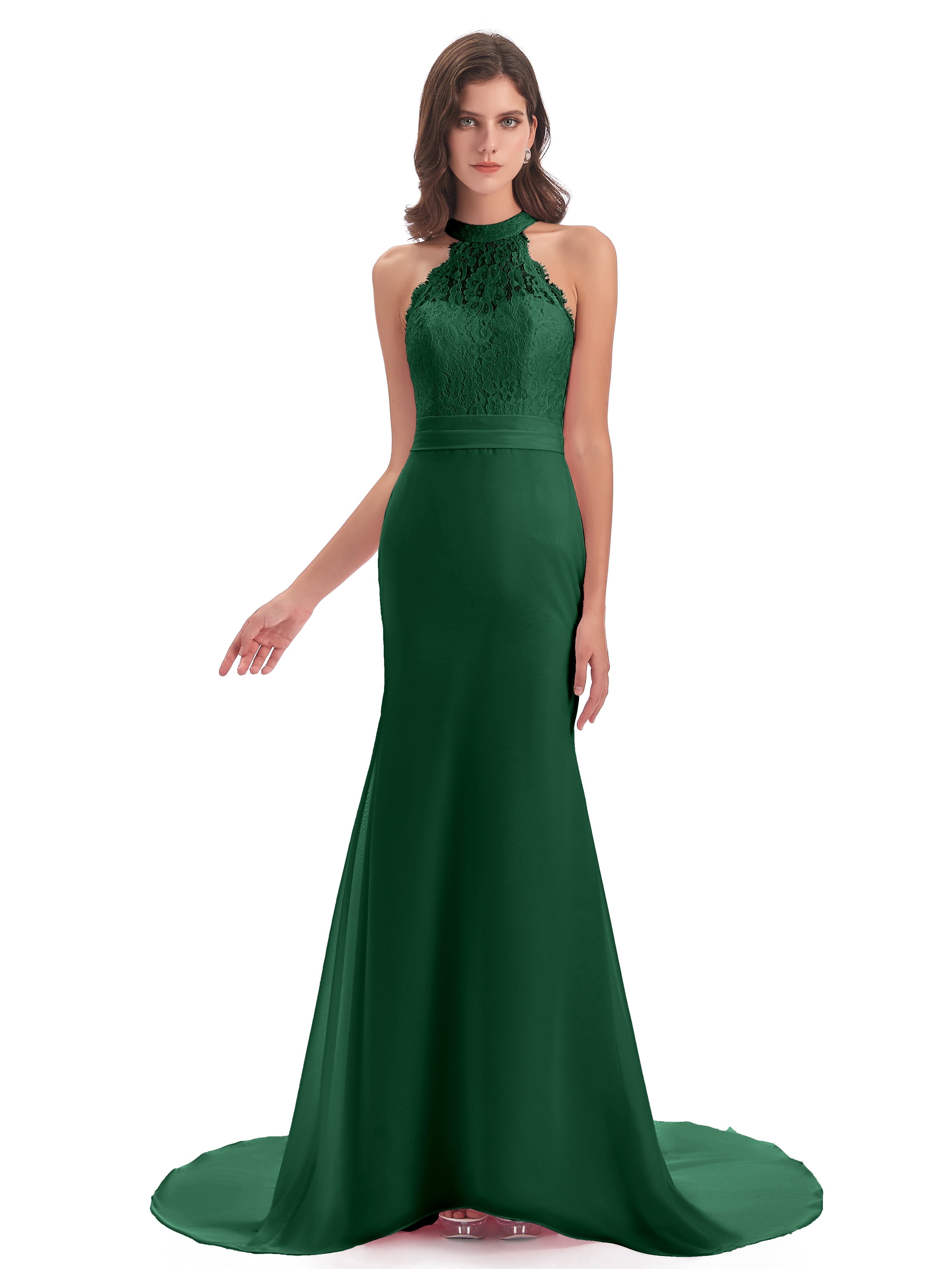 Robe Demoiselle D Honneur Vert Foncé Dentelle/Mousseline Longue Robes Demoiselle D'Honneur