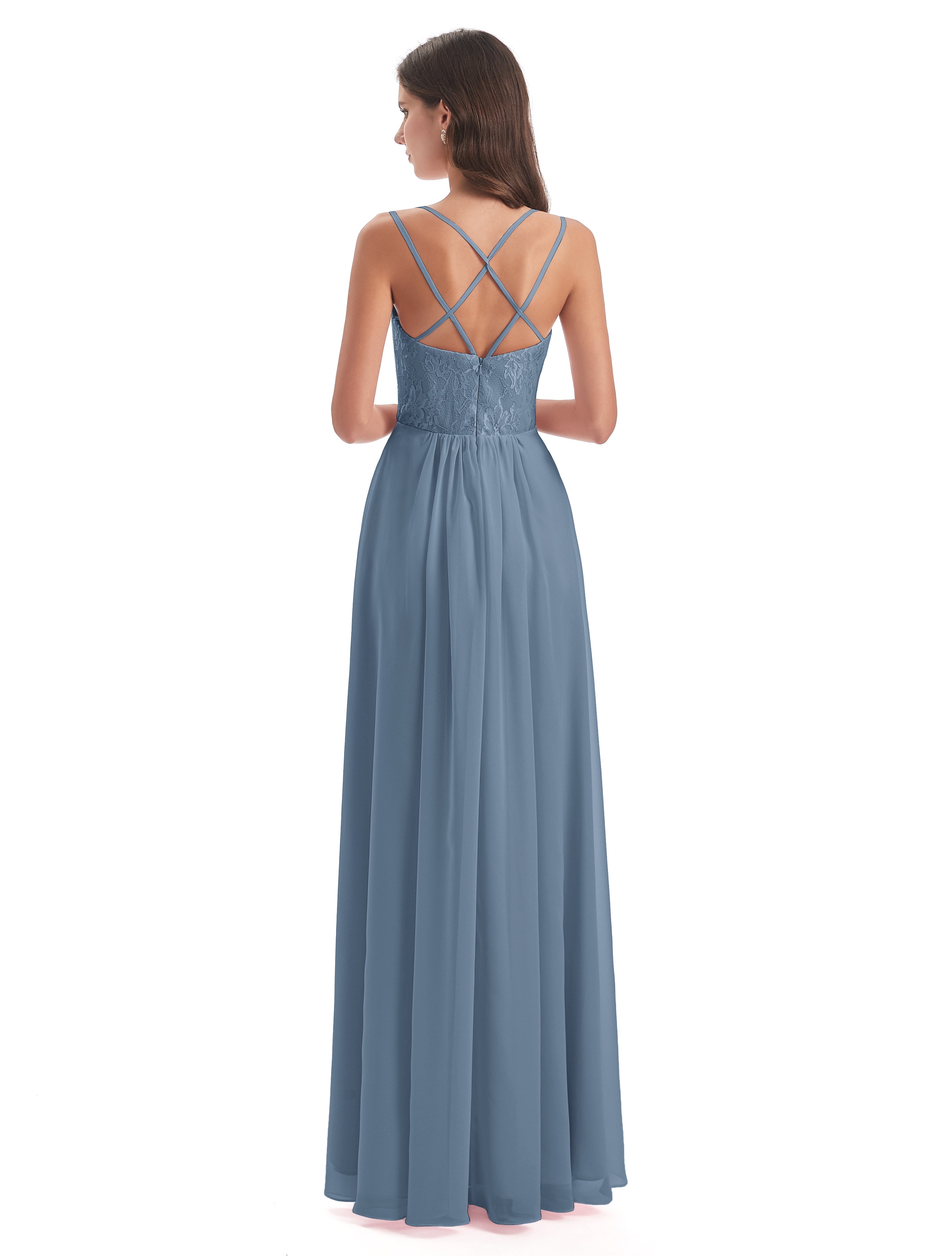 Robes De Demoiselle D'Honneur Bleu De Schiste Trapèze Bretelles Spaghetti Fendue Robes Demoiselle D'Honneur