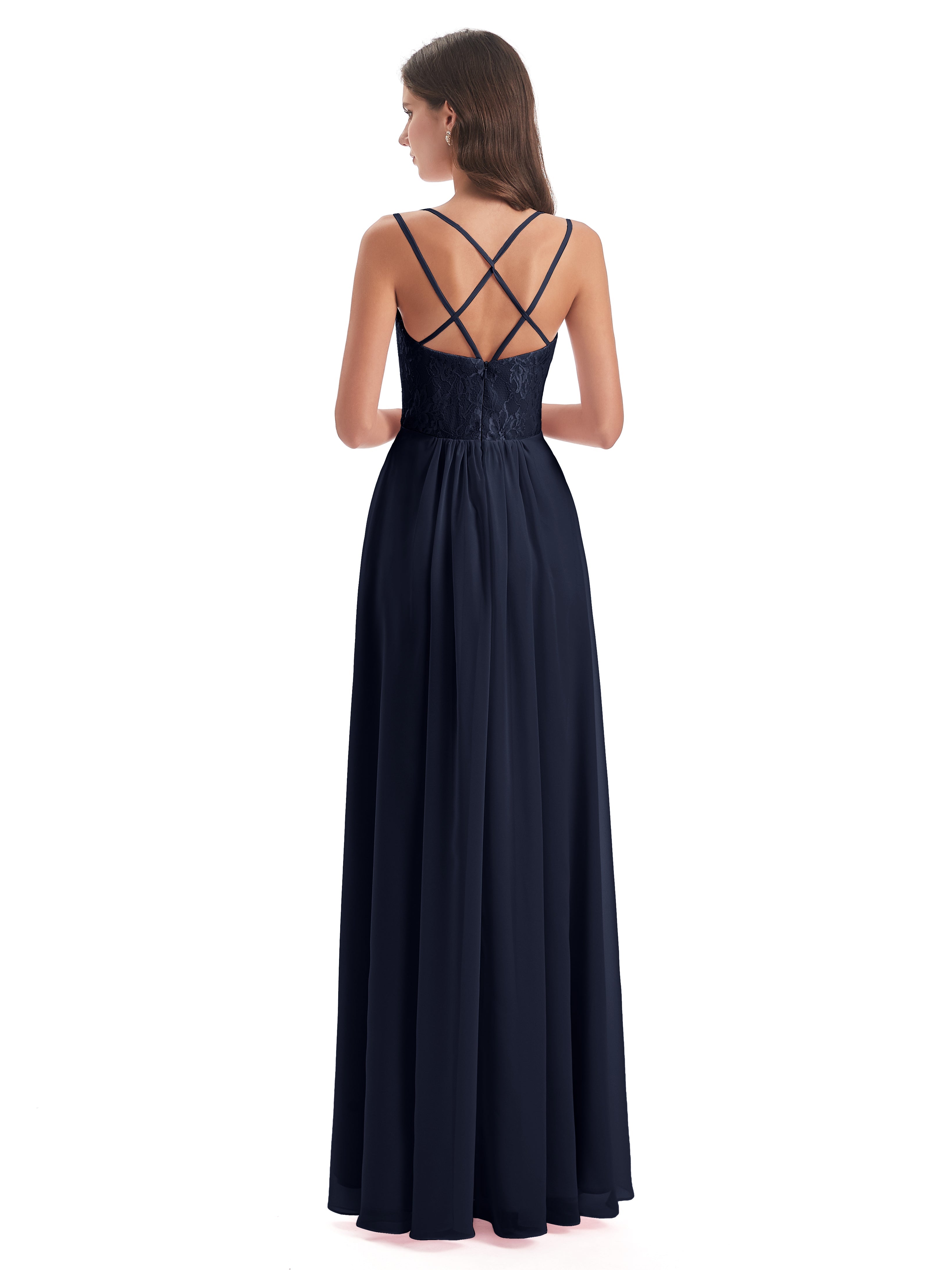 Robes De Demoiselle D'Honneur Bleu Marine Modestes Trapèze Bretelles Spaghetti Fendue Robes Demoiselle D'Honneur