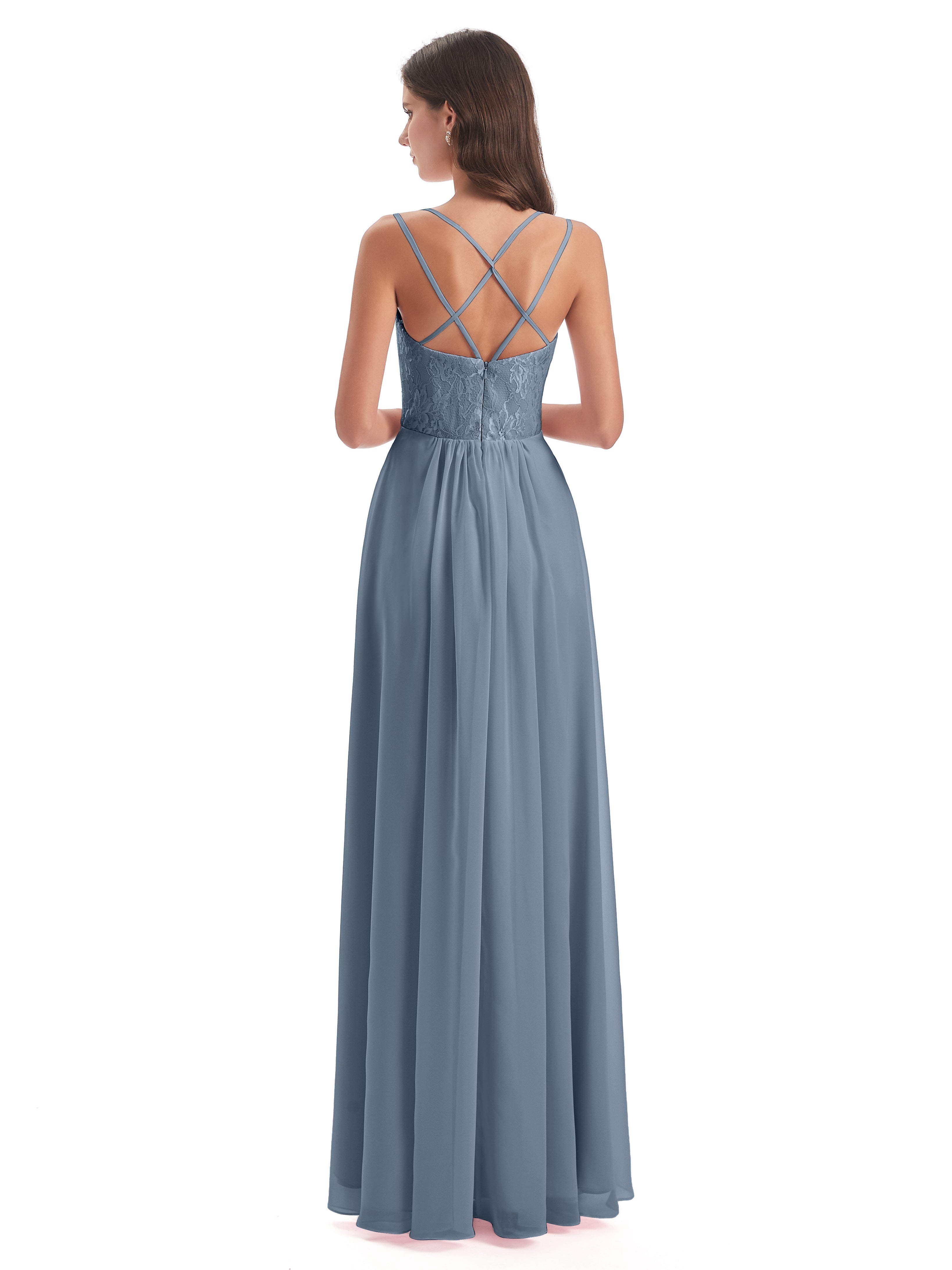 Robes De Demoiselle D'Honneur Bleu Poussiéreux Trapèze Bretelles Spaghetti Fendue Robes Demoiselle D'Honneur