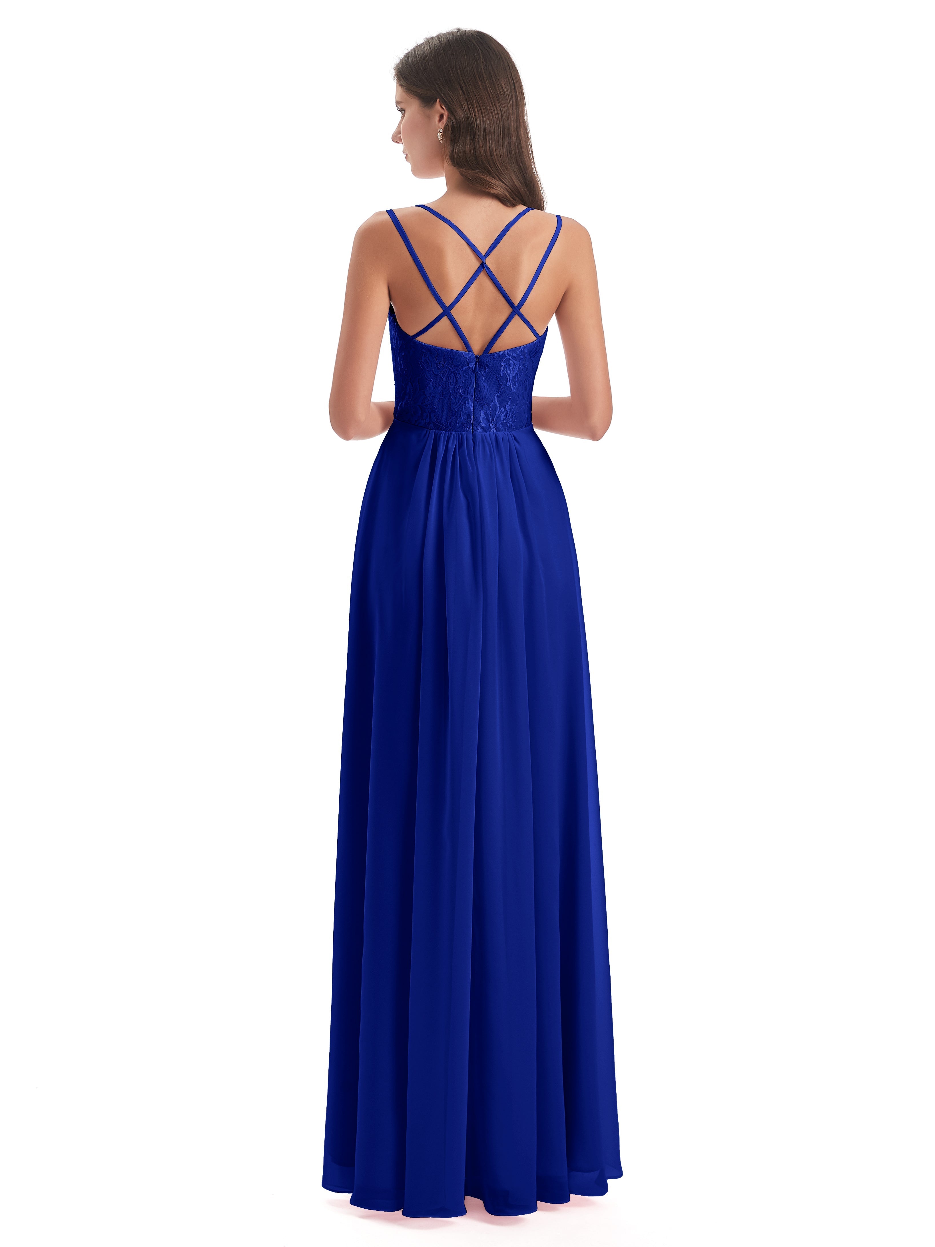 Demoiselle Dhonneur Robe Longue Bleu Roi Trapèze Bretelles Spaghetti Fendue Robes Demoiselle D'Honneur