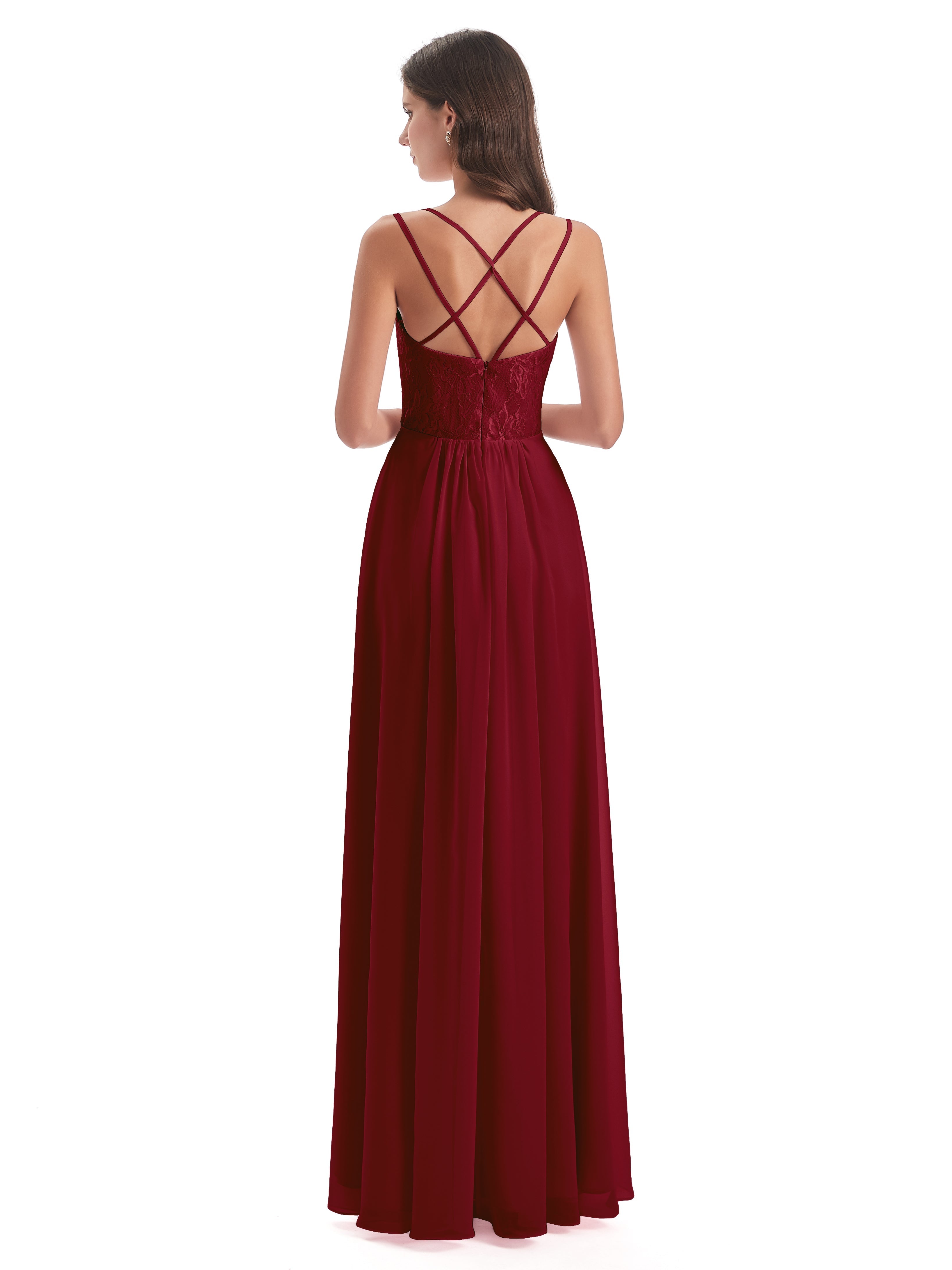 Robe Longue Bordeaux Demoiselle D Honneur Trapèze Bretelles Spaghetti Fendue Robes Demoiselle D'Honneur