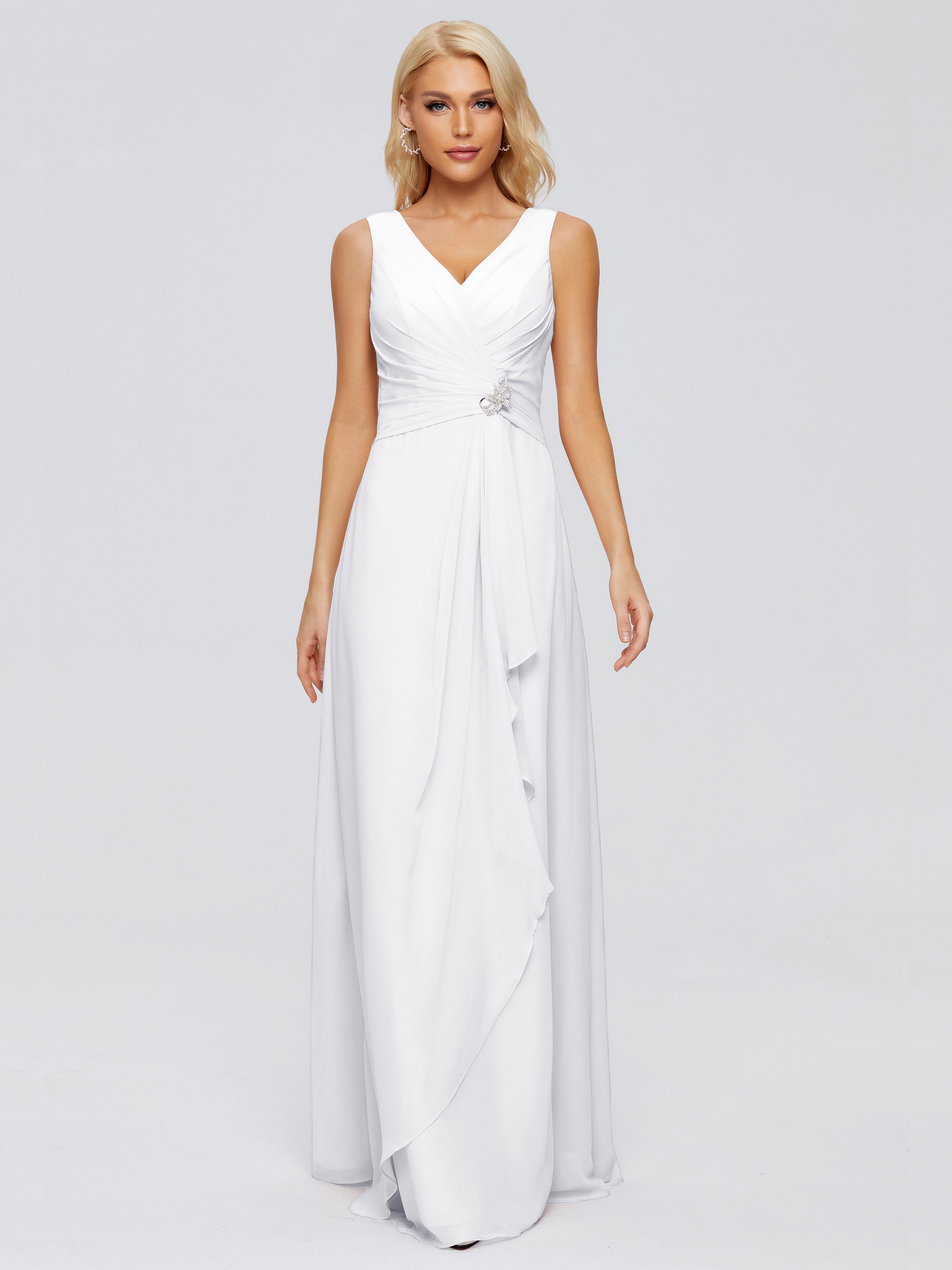 Robe Demoiselle D Honneur Blanc Fourreau Col V Sans Manche Mousseline Robes Demoiselle D'Honneur