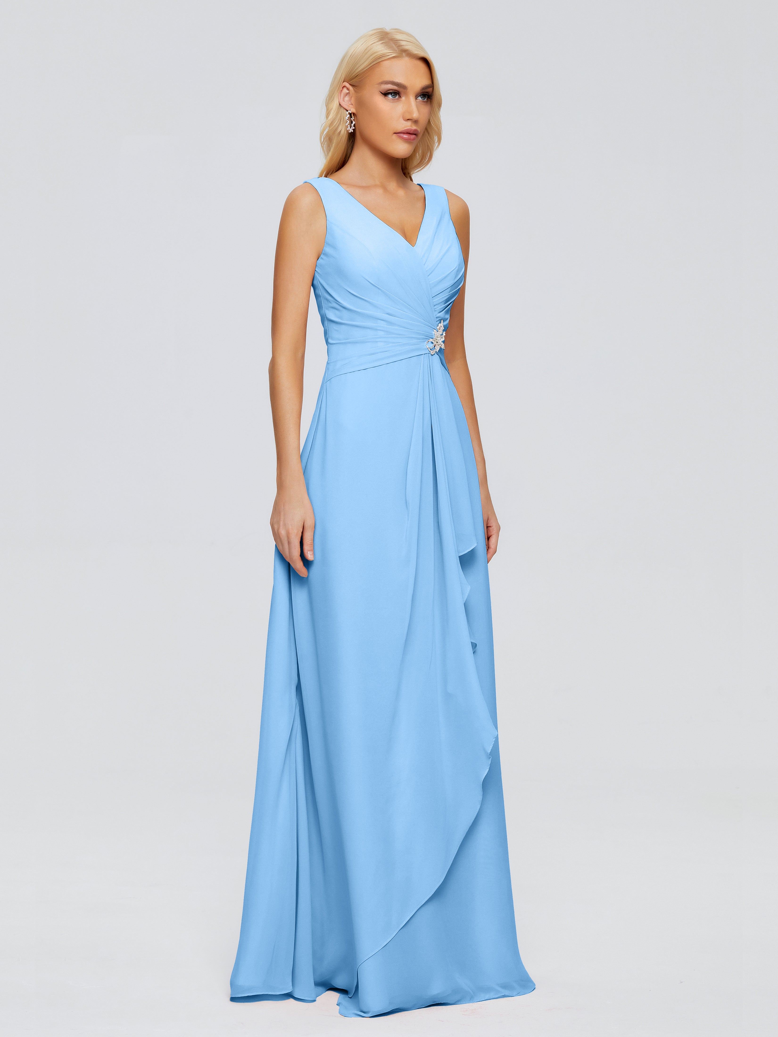 Robe Bleue Demoiselle D Honneur Fourreau Col V Sans Manche Mousseline Robes Demoiselle D'Honneur