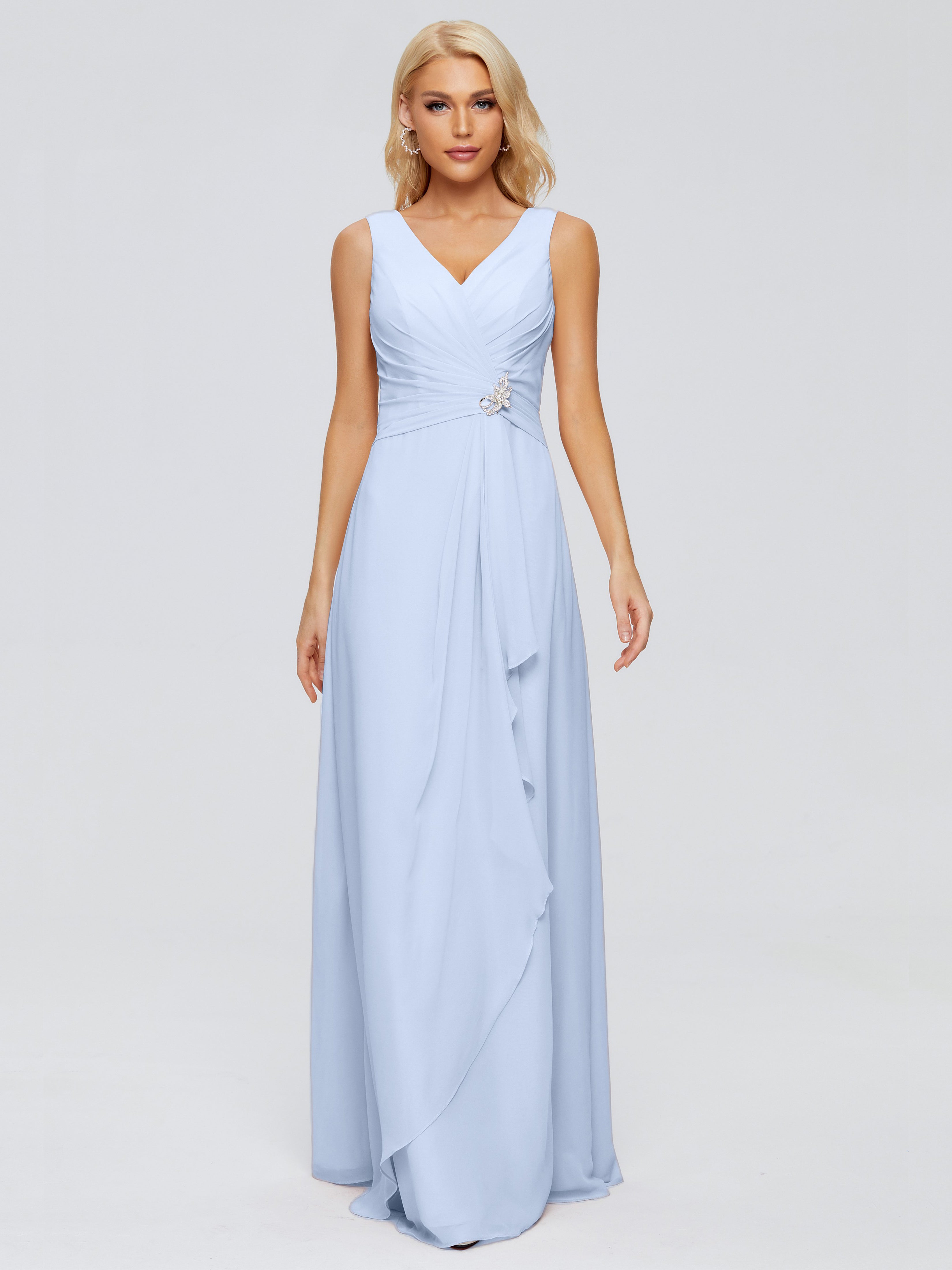Robe Longue Bleu Ciel Demoiselle D Honneur Fourreau Col V Sans Manche Mousseline Robes Demoiselle D'Honneur