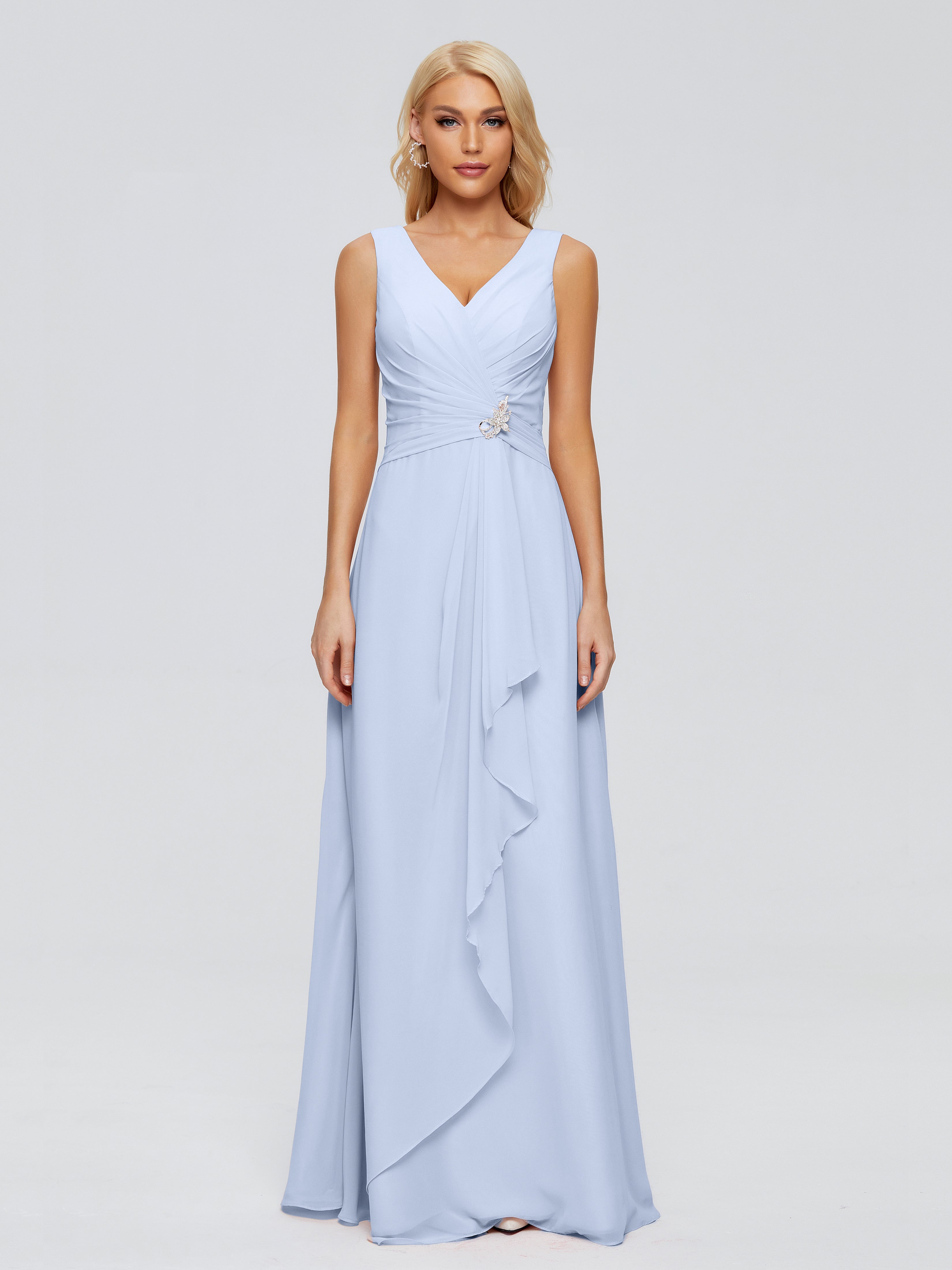 Robe Longue Bleu Ciel Demoiselle D Honneur Fourreau Col V Sans Manche Mousseline Robes Demoiselle D'Honneur