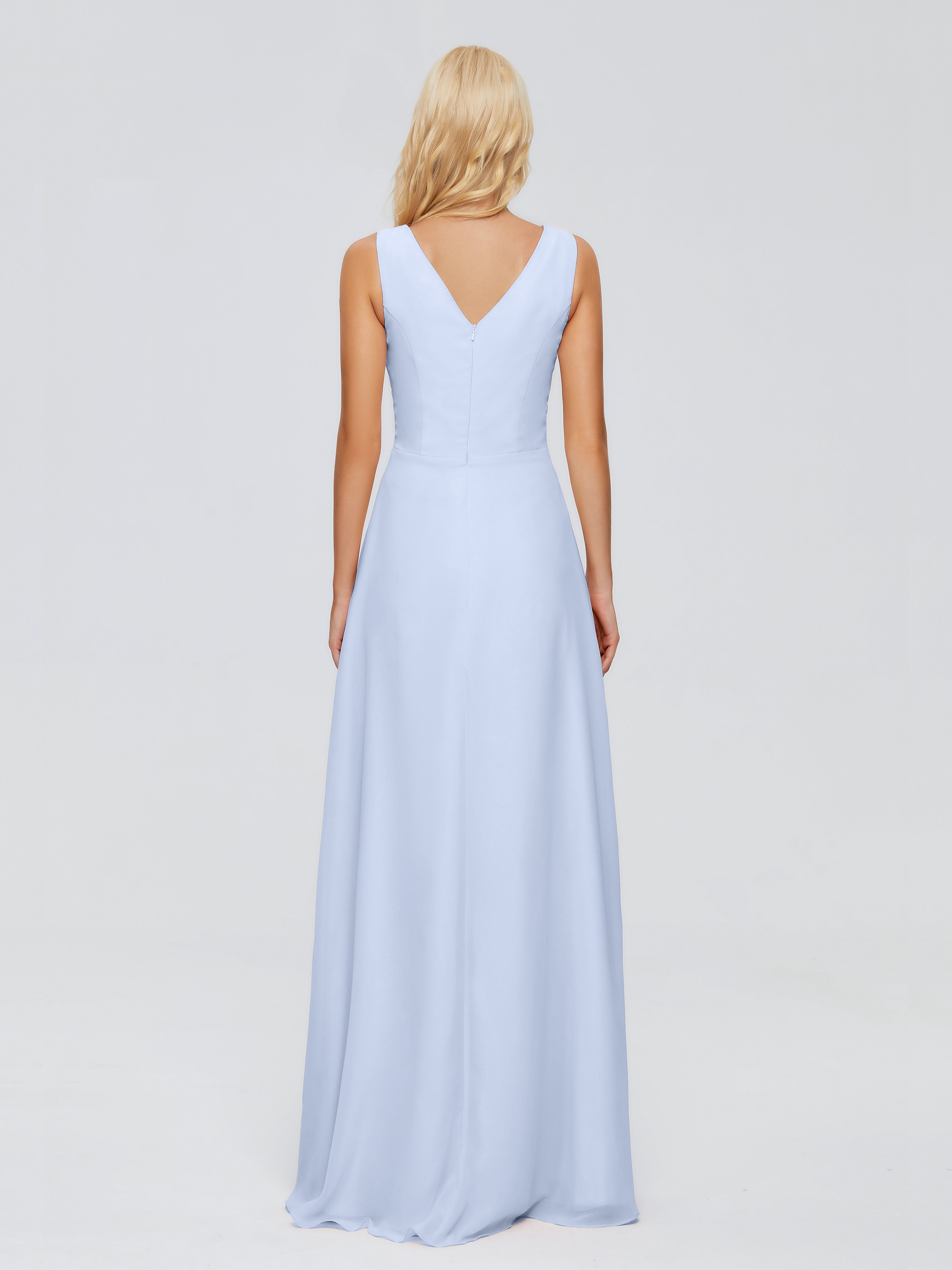 Robe Longue Bleu Ciel Demoiselle D Honneur Fourreau Col V Sans Manche Mousseline Robes Demoiselle D'Honneur