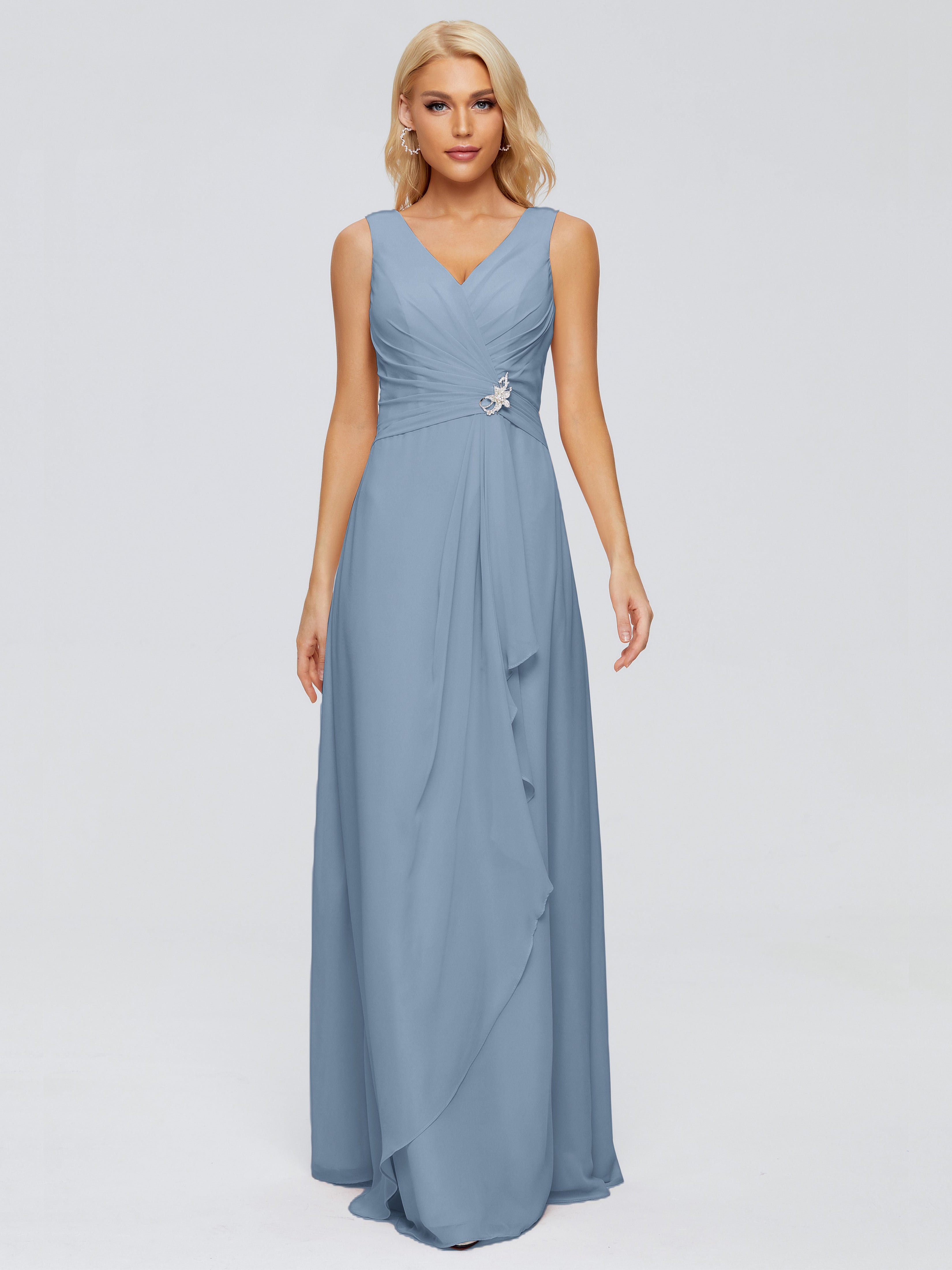 Robes De Demoiselle D'Honneur Bleu De Schiste Fourreau Col V Sans Manche Mousseline Robes Demoiselle D'Honneur