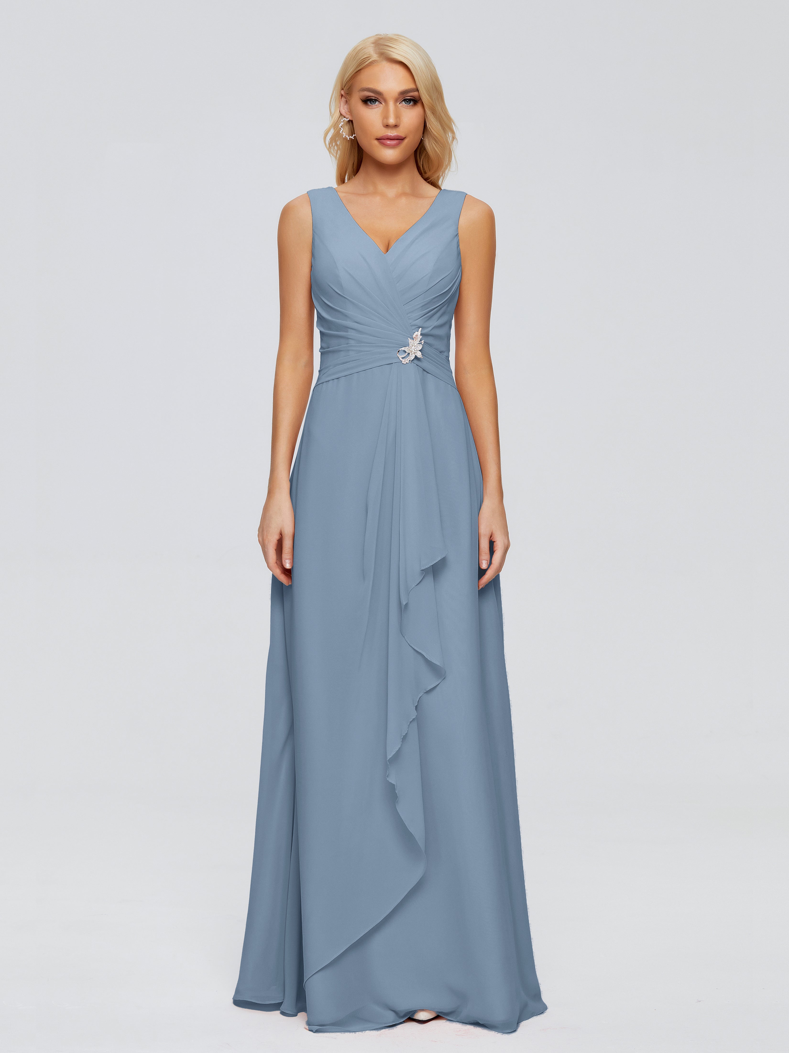 Robes De Demoiselle D'Honneur Bleu De Schiste Fourreau Col V Sans Manche Mousseline Robes Demoiselle D'Honneur
