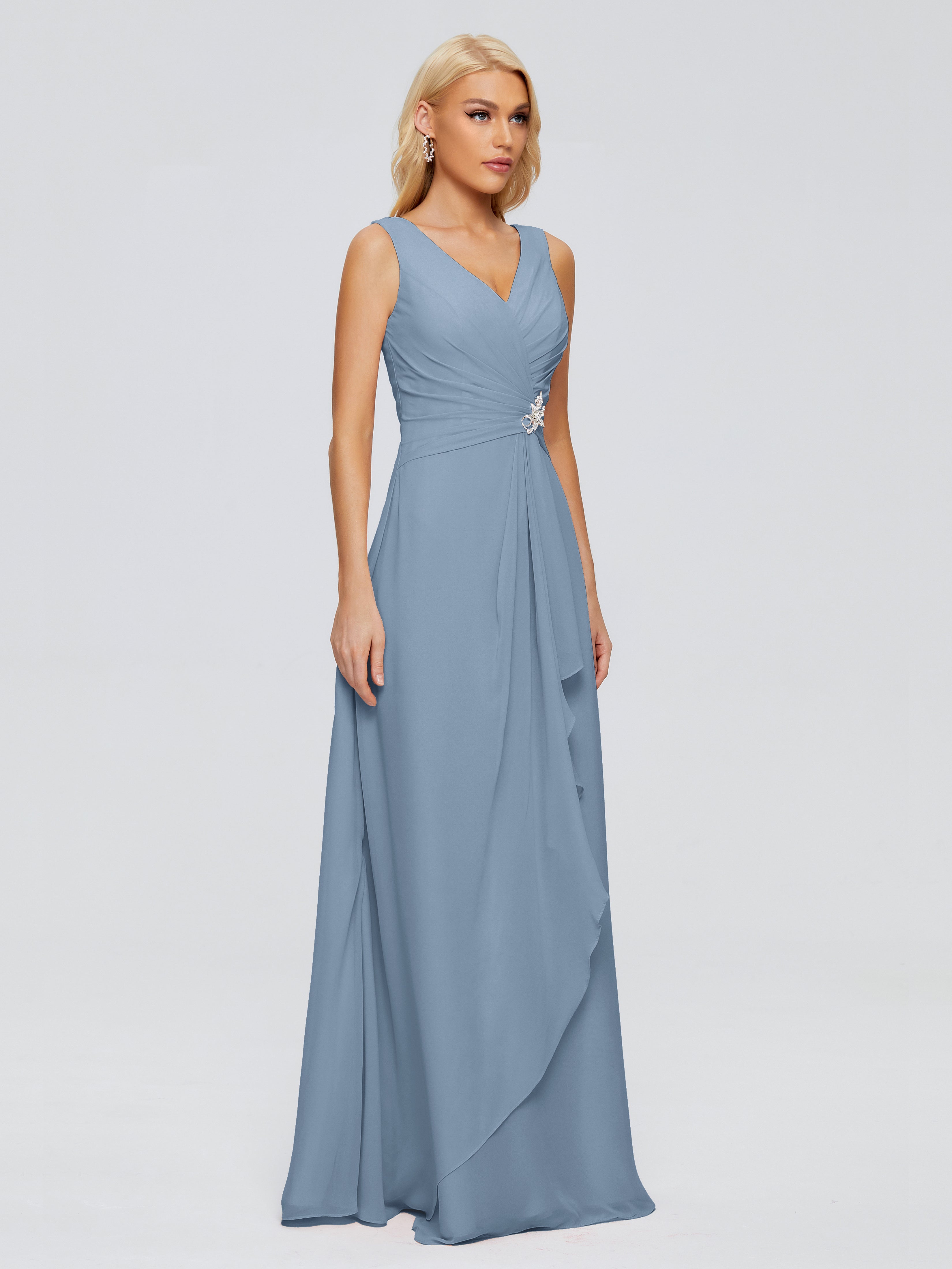 Robes De Demoiselle D'Honneur Bleu De Schiste Fourreau Col V Sans Manche Mousseline Robes Demoiselle D'Honneur