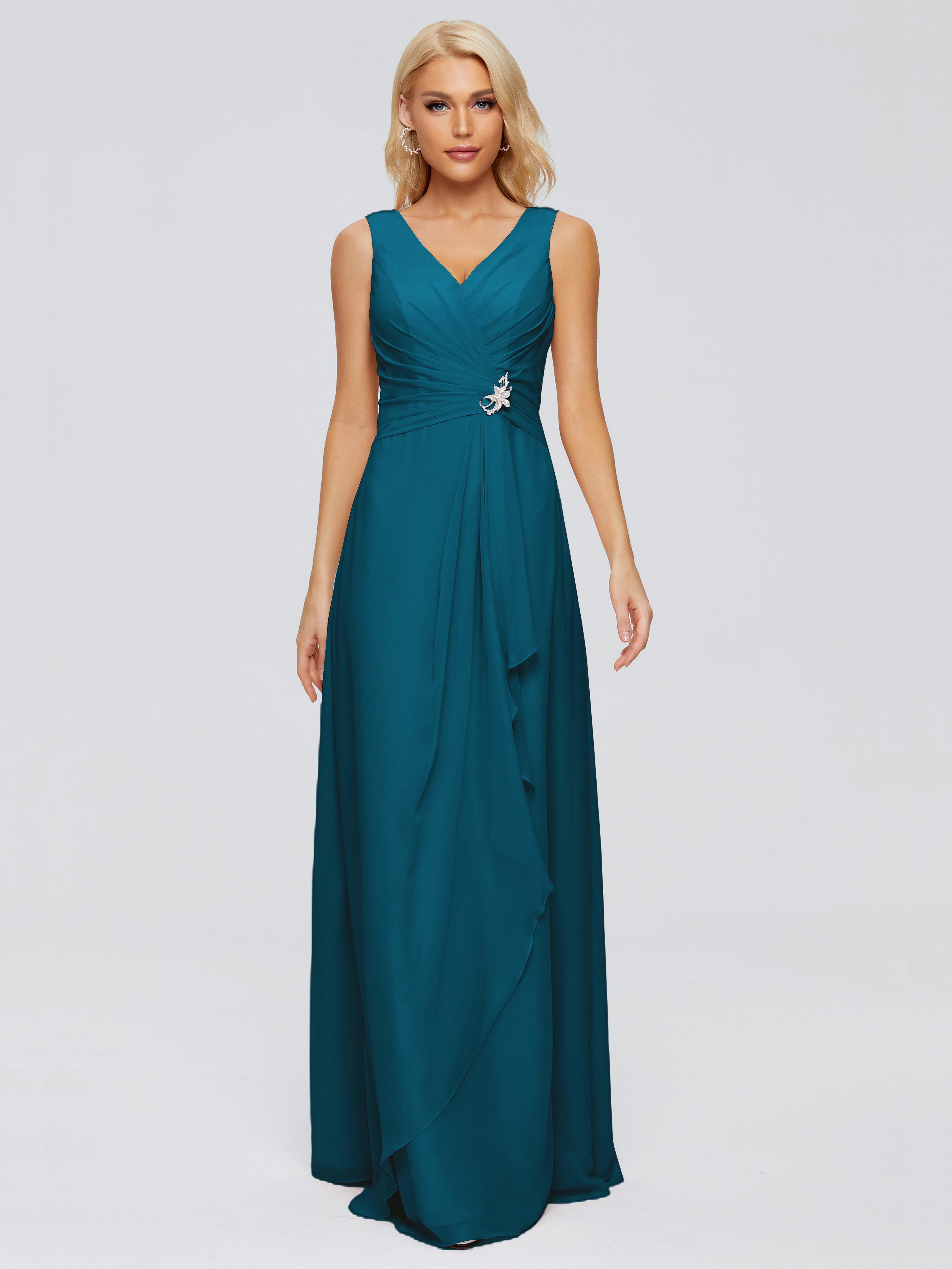 Robes De Demoiselle D'Honneur Bleu Encre Fourreau Col V Sans Manche Mousseline Robes Demoiselle D'Honneur