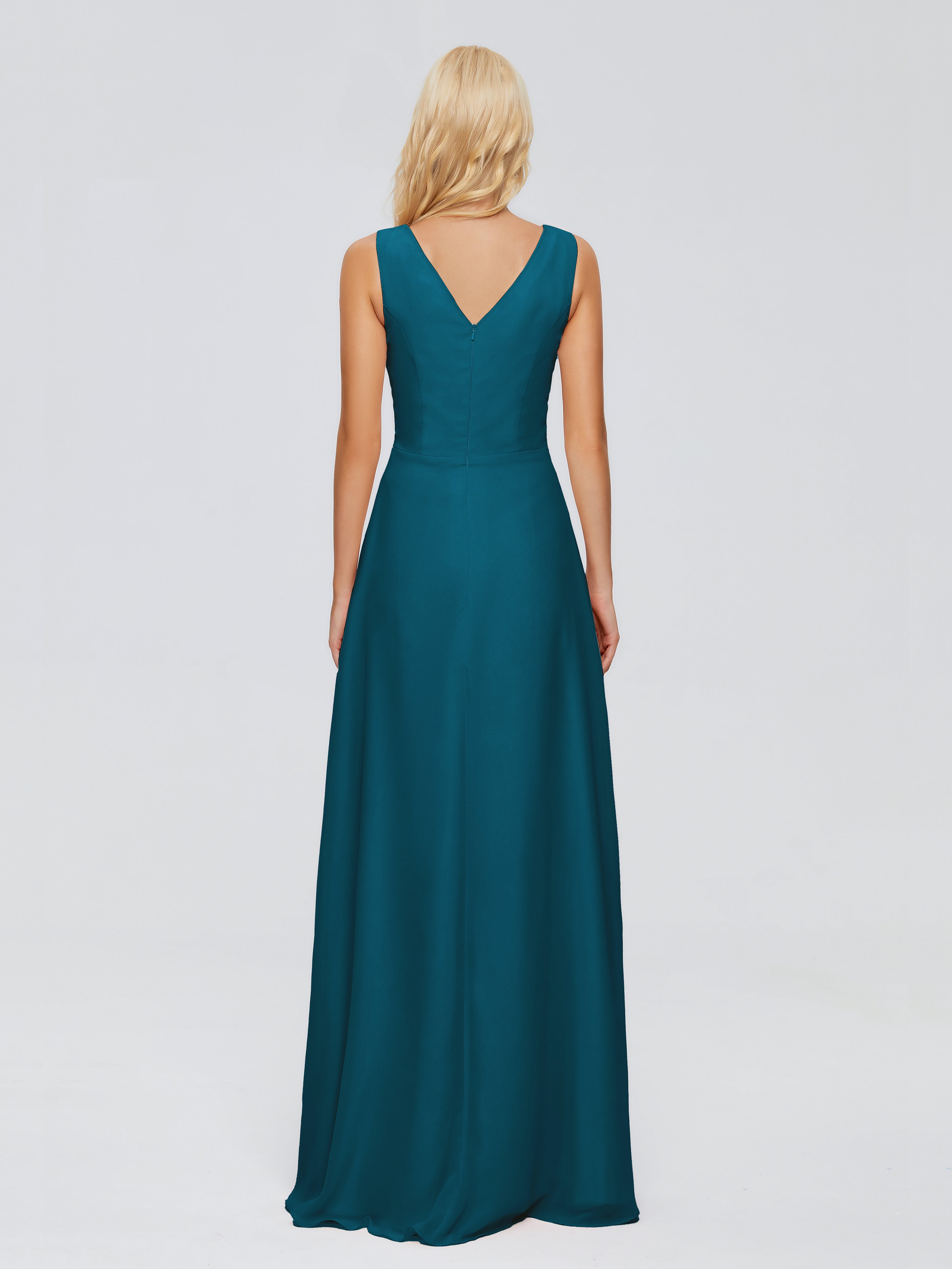 Robes De Demoiselle D'Honneur Bleu Encre Fourreau Col V Sans Manche Mousseline Robes Demoiselle D'Honneur