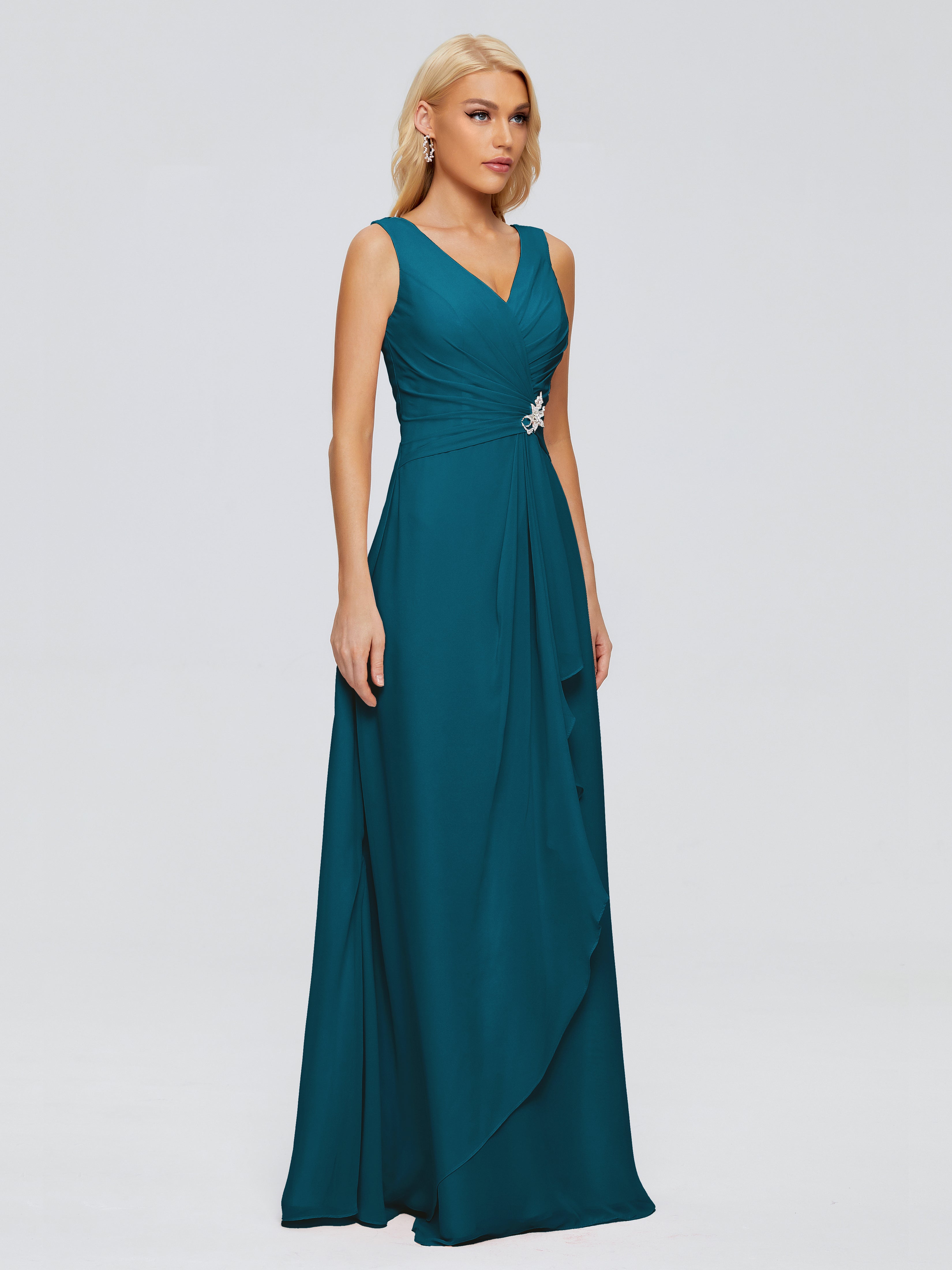 Robes De Demoiselle D'Honneur Bleu Encre Fourreau Col V Sans Manche Mousseline Robes Demoiselle D'Honneur