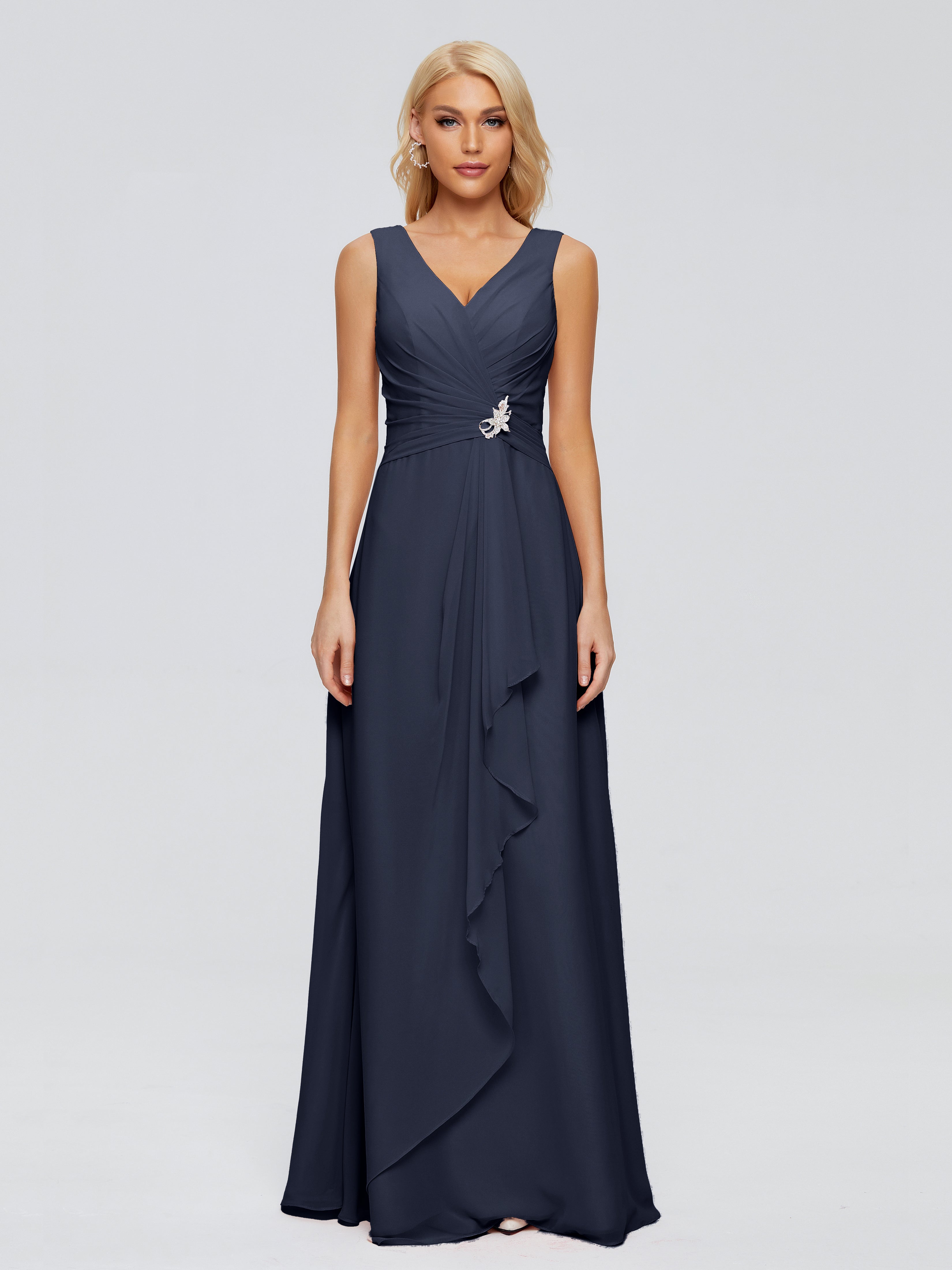 Robe Demoiselle Dhonneur Bleu Marine Fourreau Col V Sans Manche Mousseline Robes Demoiselle D'Honneur