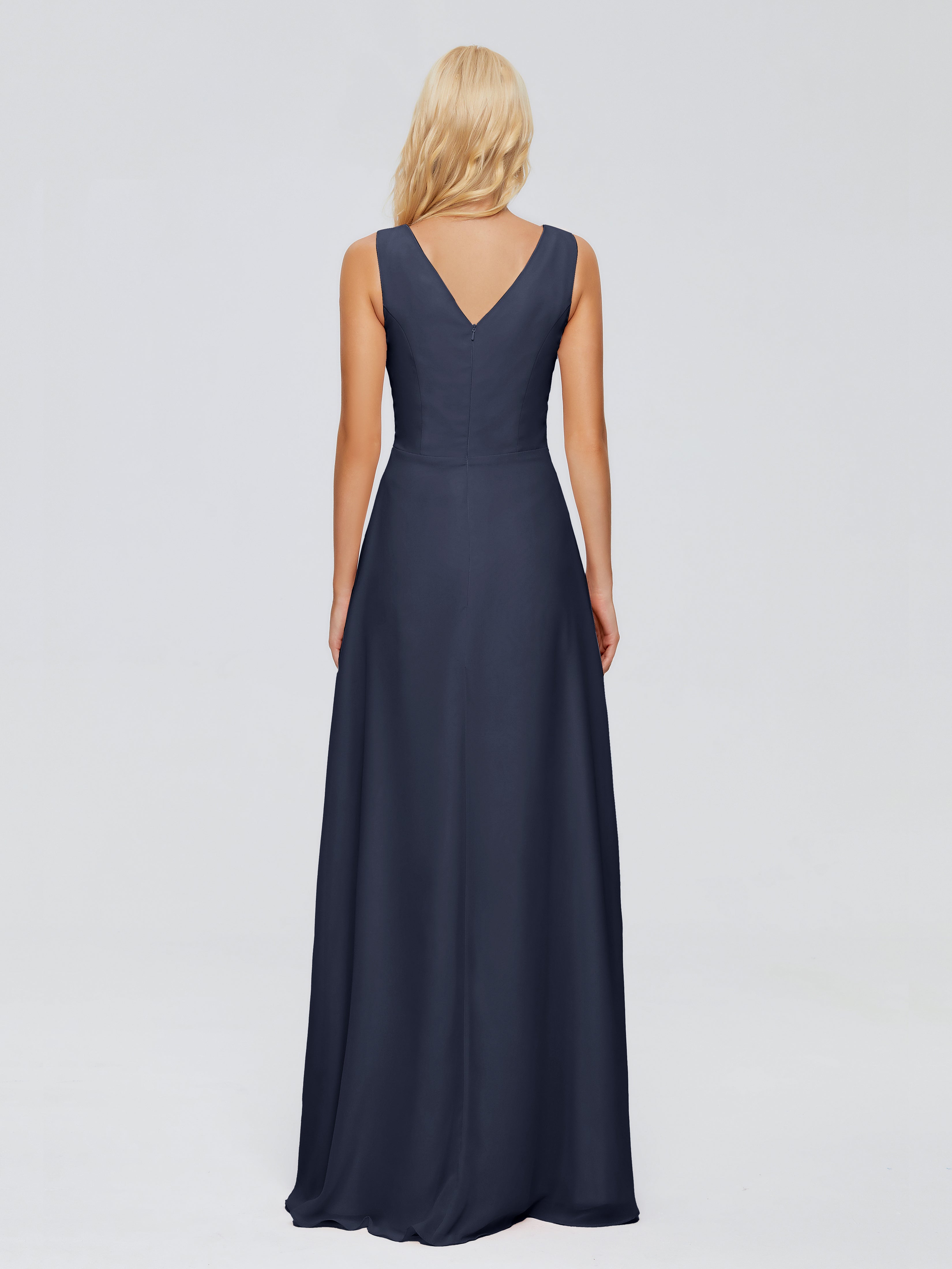 Robe Demoiselle Dhonneur Bleu Marine Fourreau Col V Sans Manche Mousseline Robes Demoiselle D'Honneur