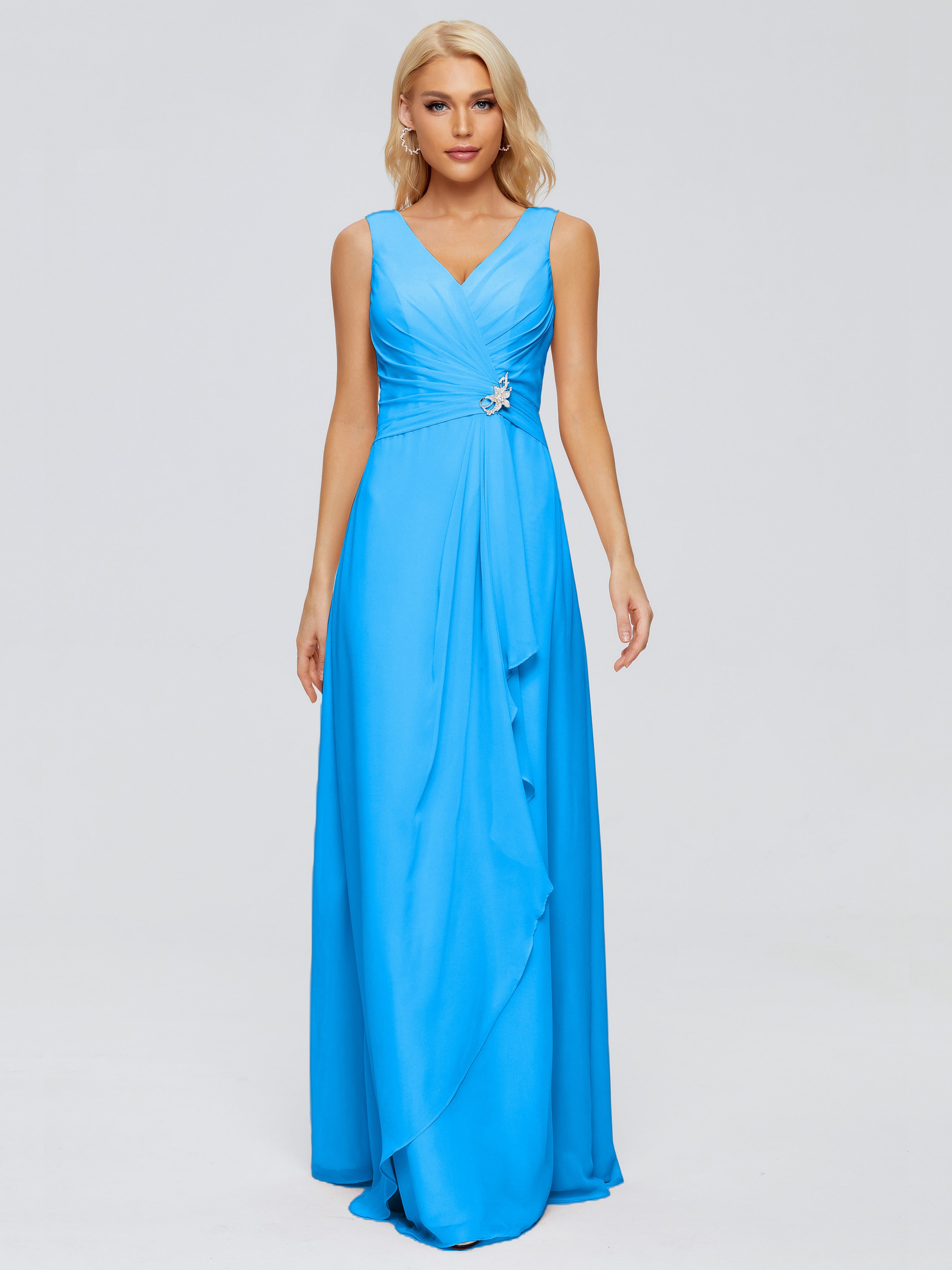 Robes De Demoiselle D'Honneur Bleu Océan Fourreau Col V Sans Manche Mousseline Robes Demoiselle D'Honneur