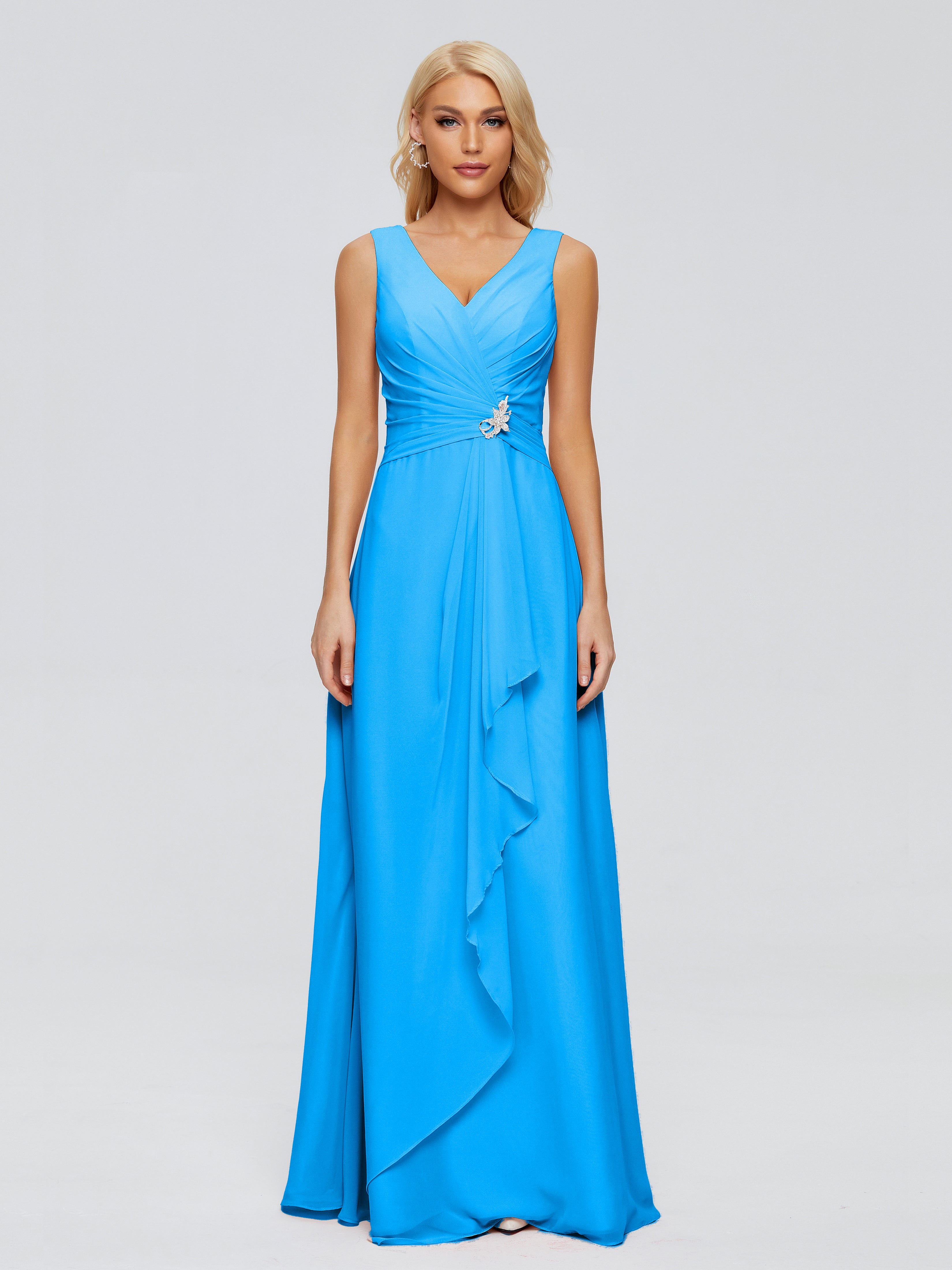 Robes De Demoiselle D'Honneur Bleu Océan Fourreau Col V Sans Manche Mousseline Robes Demoiselle D'Honneur