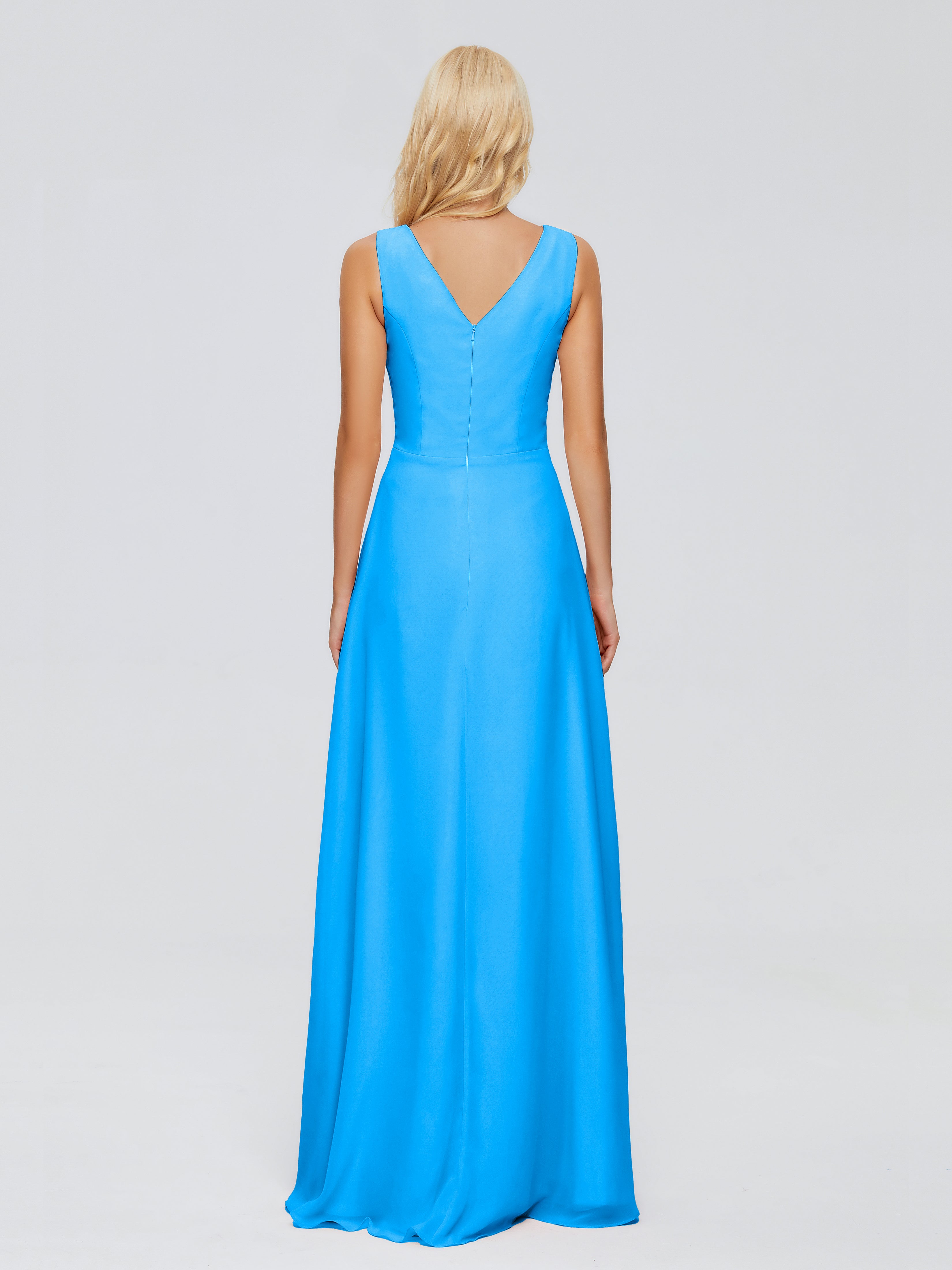 Robes De Demoiselle D'Honneur Bleu Océan Fourreau Col V Sans Manche Mousseline Robes Demoiselle D'Honneur
