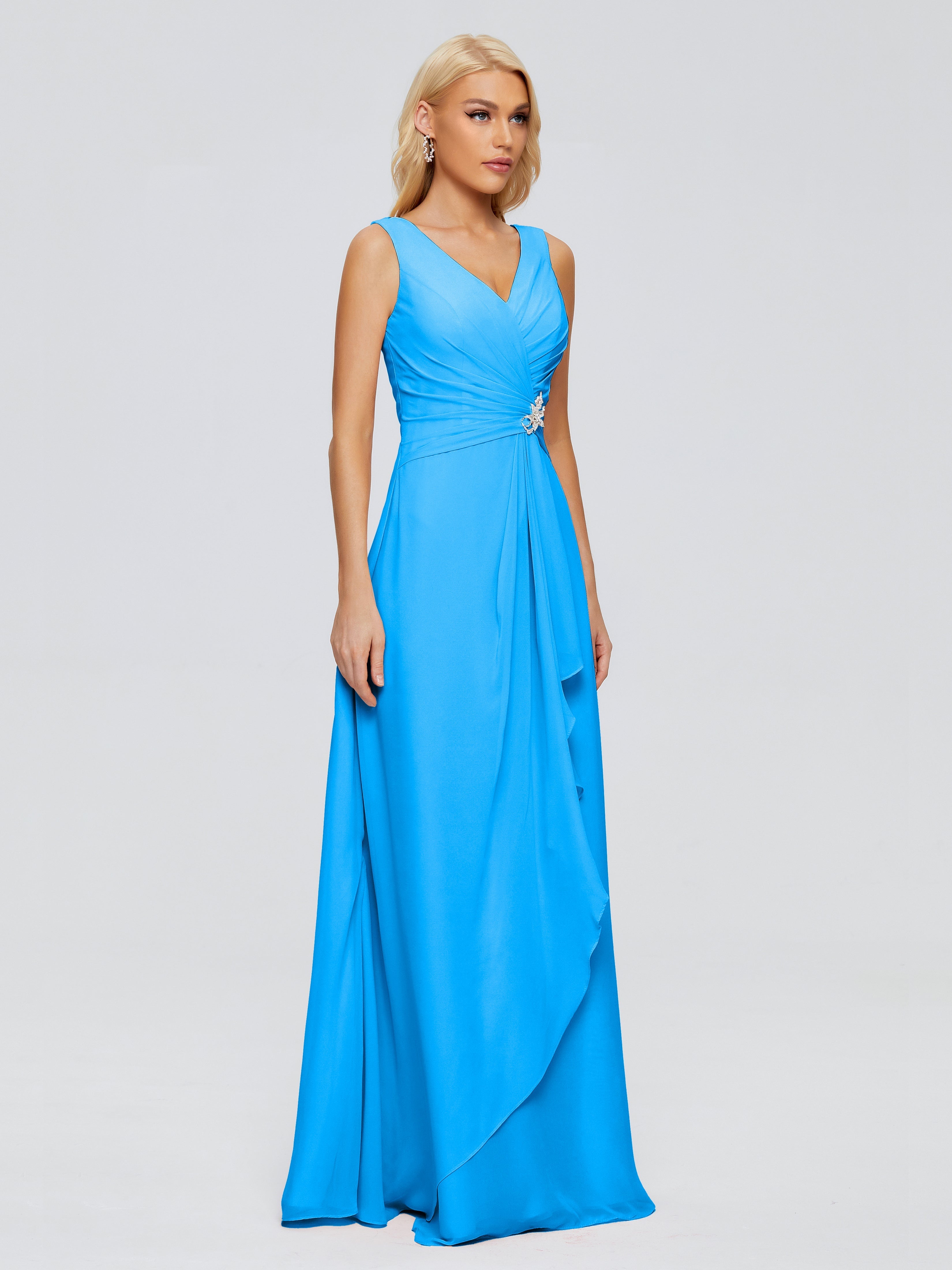 Robes De Demoiselle D'Honneur Bleu Océan Fourreau Col V Sans Manche Mousseline Robes Demoiselle D'Honneur