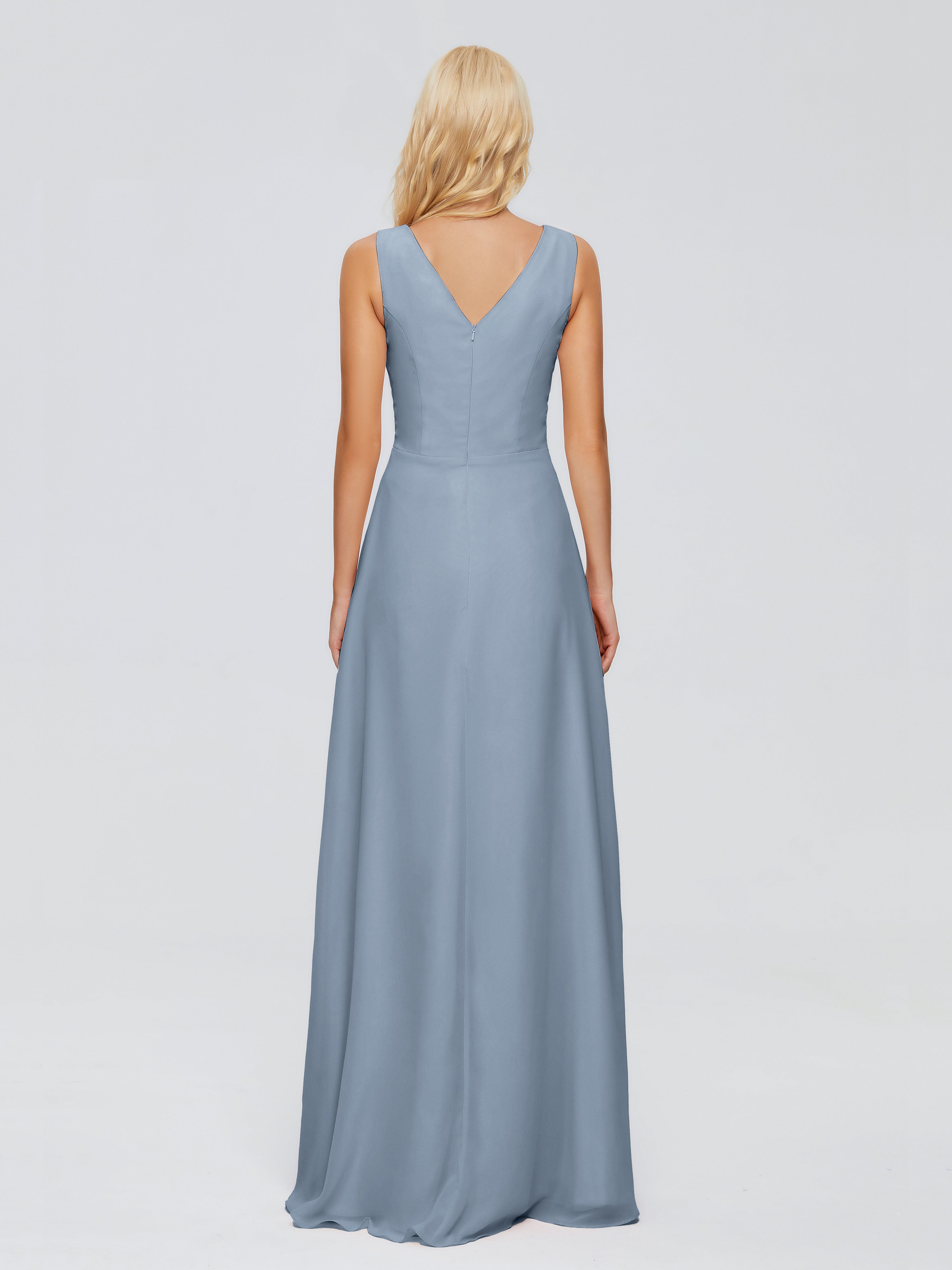 Robes De Demoiselle D'Honneur Bleu Poussiéreux Fourreau Col V Sans Manche Mousseline Robes Demoiselle D'Honneur