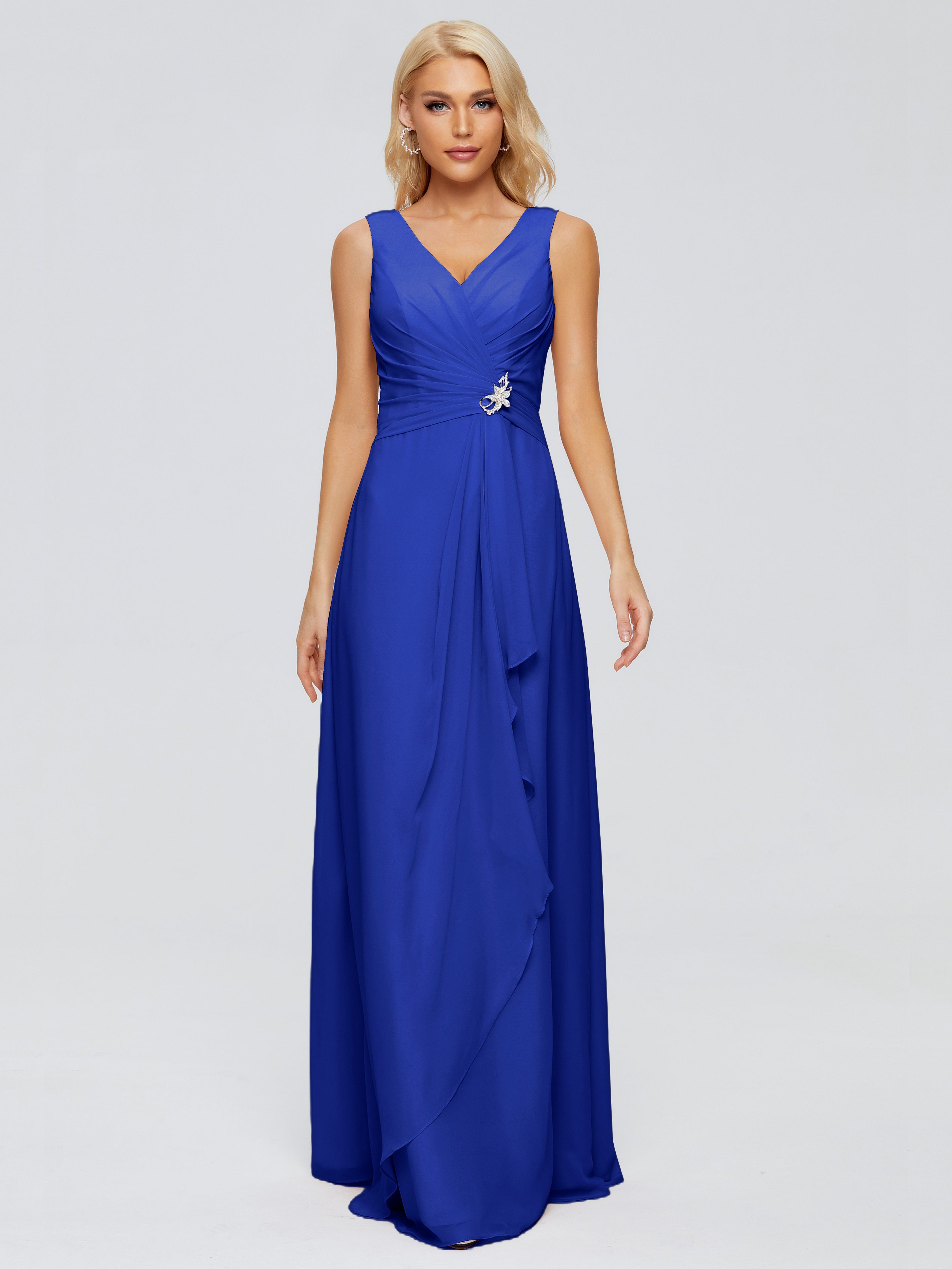 Demoiselle D Honneur Bleu Roi Fourreau Col V Sans Manche Mousseline Robes Demoiselle D'Honneur