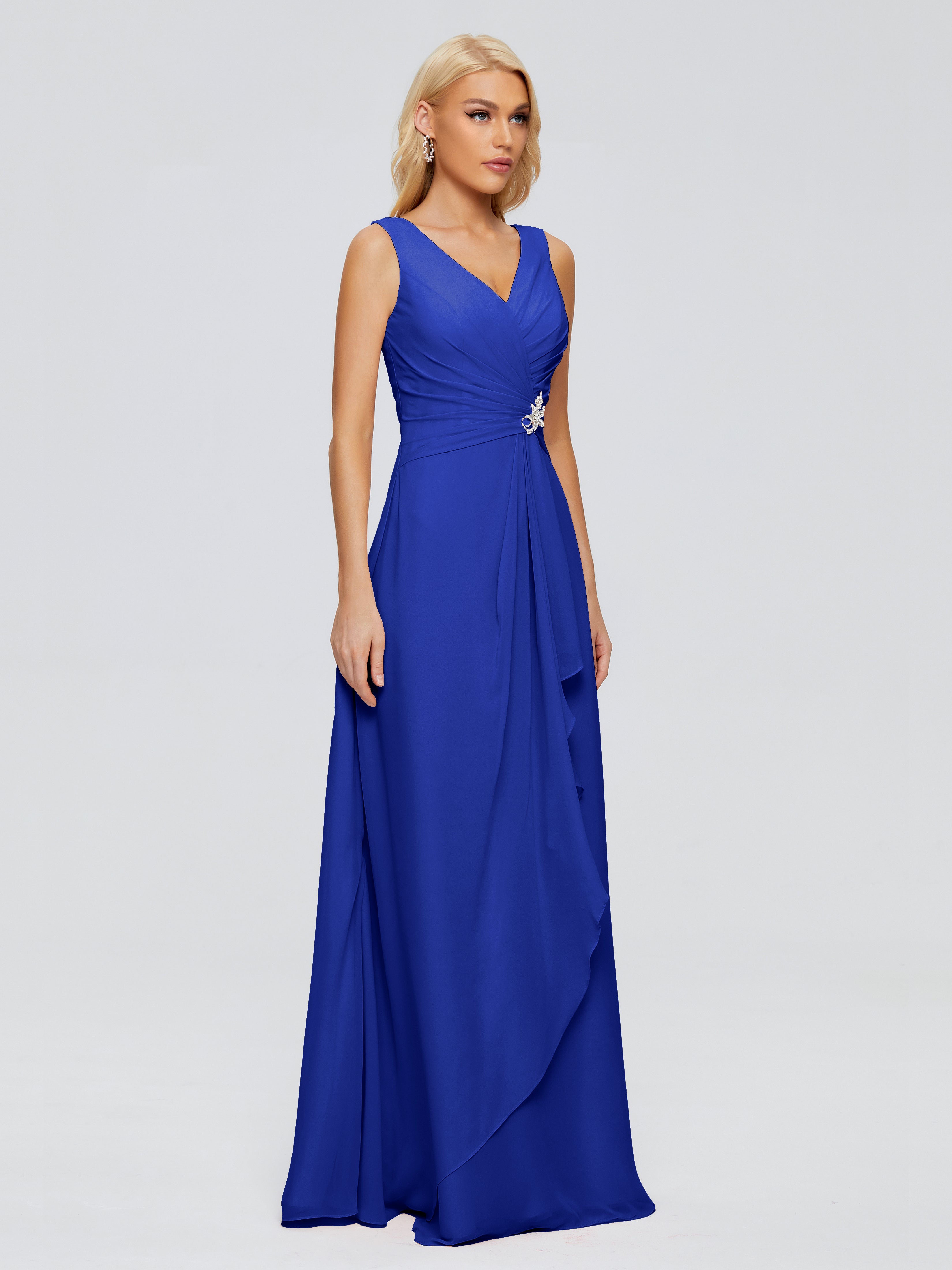 Demoiselle D Honneur Bleu Roi Fourreau Col V Sans Manche Mousseline Robes Demoiselle D'Honneur